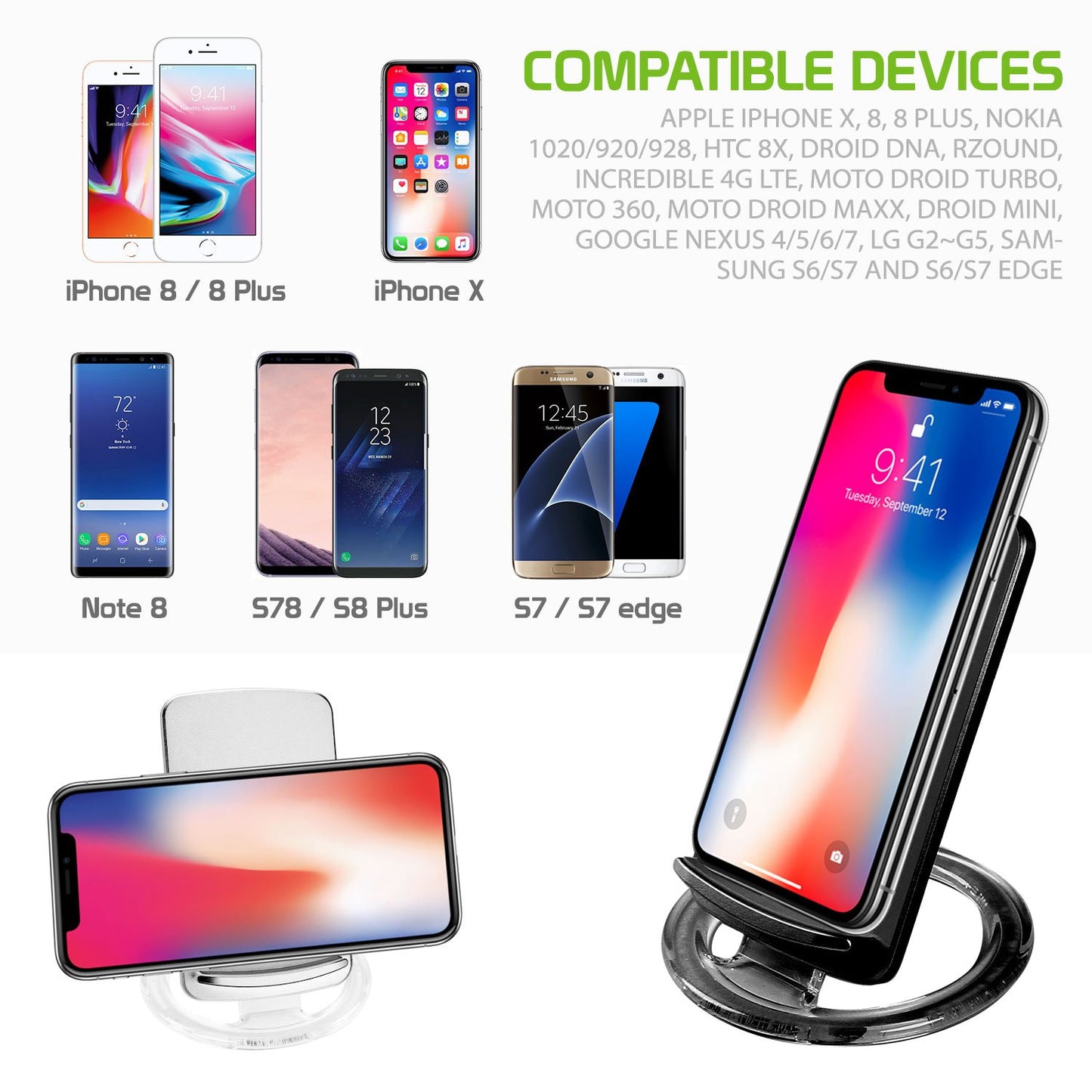 QI300BK - Wireless Charging Pad, Cellet Adjustable Dual Coil Wireless Charging Stand for all Wireless (Qi) Enabled Devices - Black