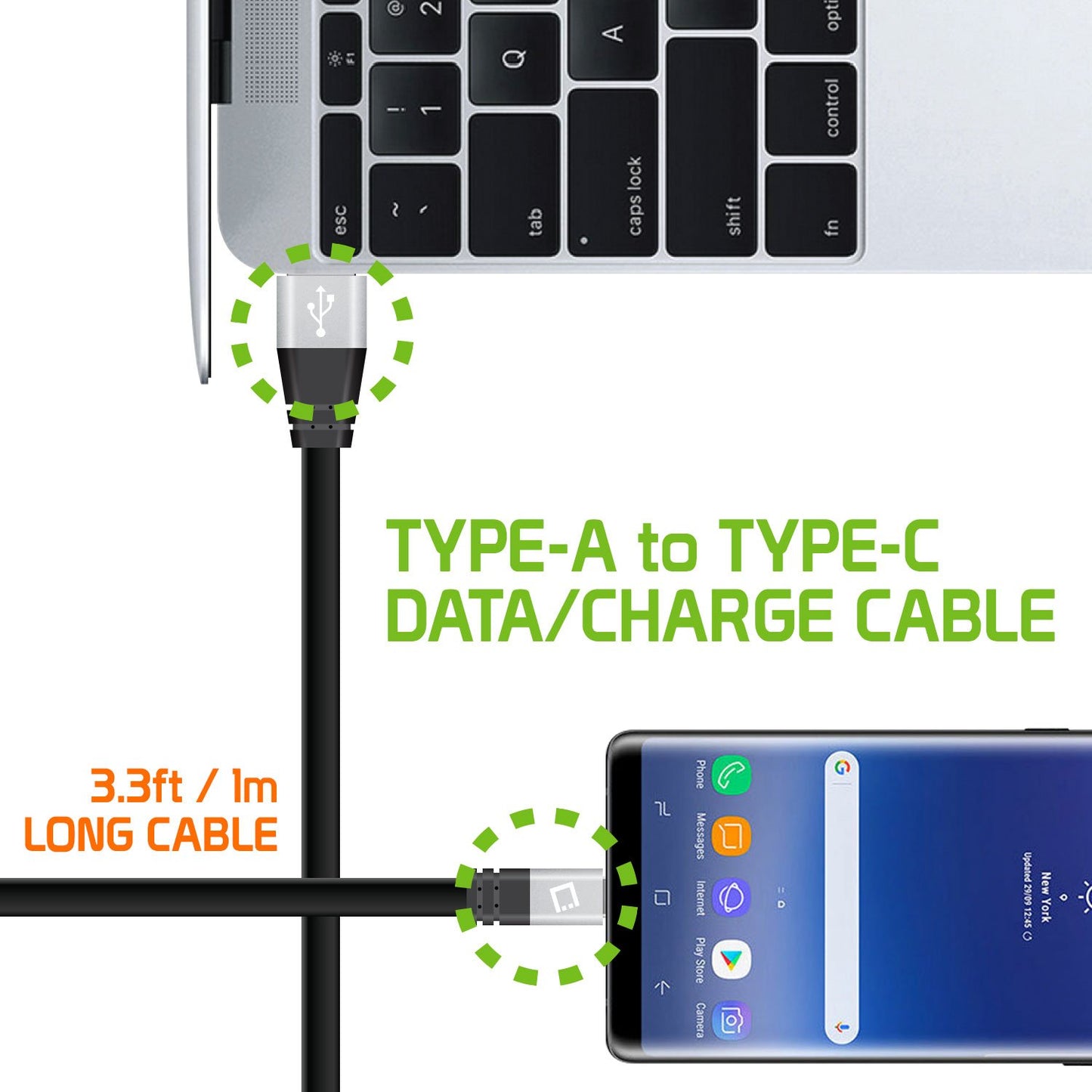 DCA33BK - CyonGear USB-C to USB-A Cable, Tangle-Free Standard 3.2ft (1m) USB-A to USB-C Charging Sync Cable for Google Pixel XL, LG G5, Nexus 5x/6P, LG V20, Motorola Moto Z/Z Force, HTC 10 and more