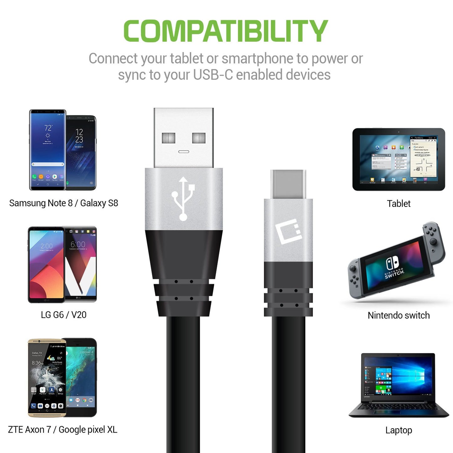 DCA33BK - CyonGear USB-C to USB-A Cable, Tangle-Free Standard 3.2ft (1m) USB-A to USB-C Charging Sync Cable for Google Pixel XL, LG G5, Nexus 5x/6P, LG V20, Motorola Moto Z/Z Force, HTC 10 and more