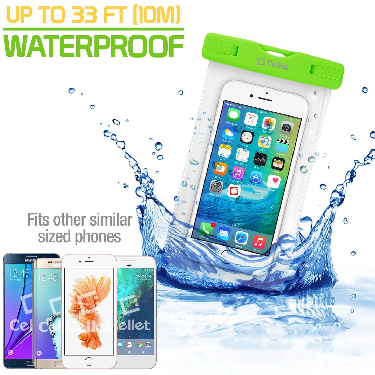WATER1GR - Cellet Universal IPX8 Waterproof Case for Apple iPhone 7 Plus, Digital Cameras, MP3 Players and More - Green
