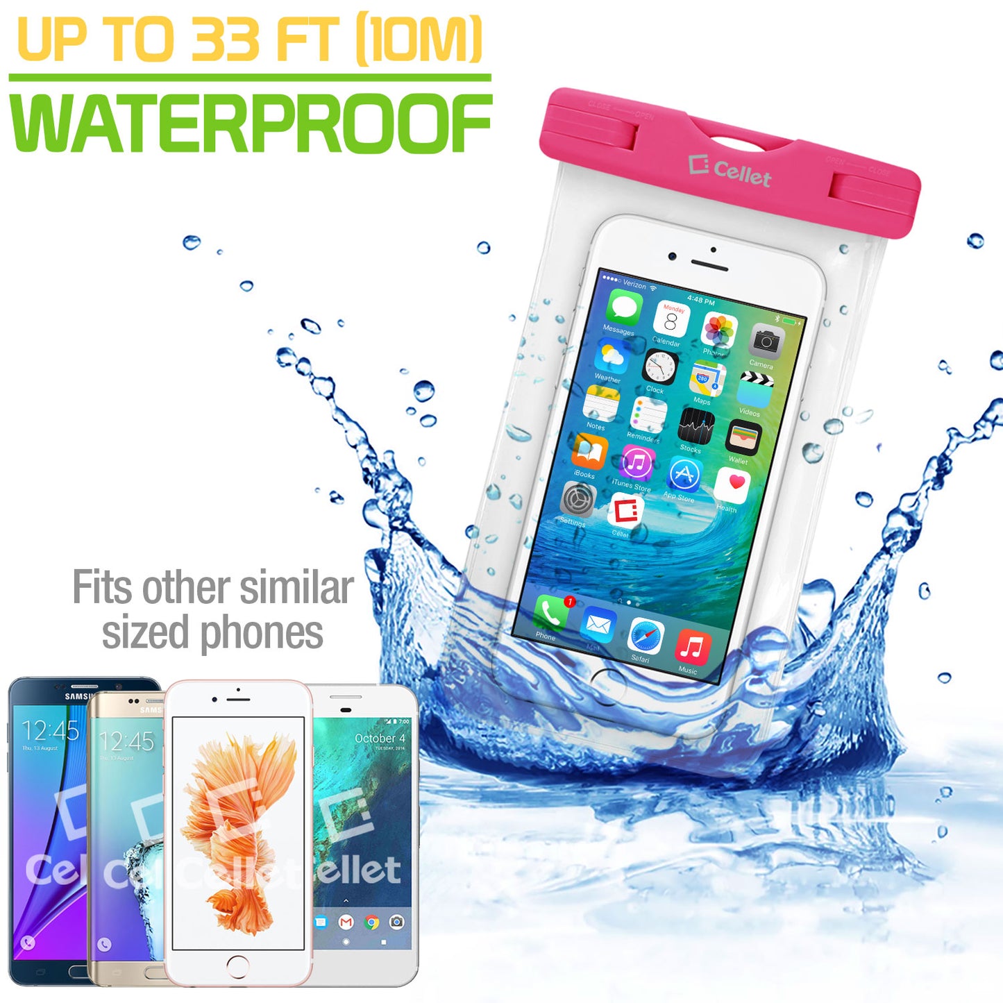 WATER1PK - Cellet Universal IPX8 Waterproof Case for Apple iPhone 7 Plus, Large Smartphones, Digital Cameras, MP3 Players and More - Pink