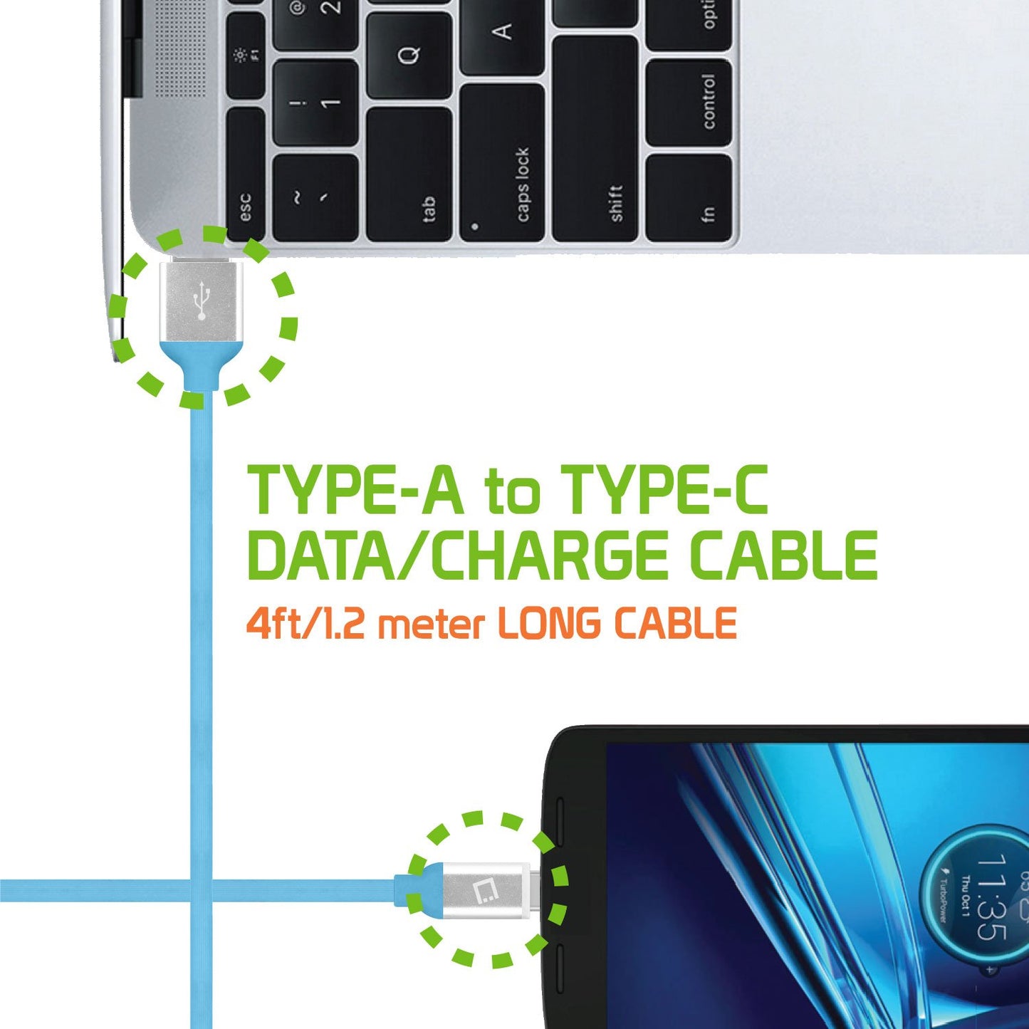 DCA4BL - USB-C to USB-A Flexible / Soft / Tangle-Free Data cable - Blue - by Cellet