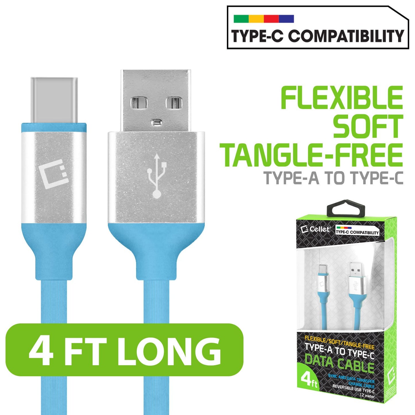 DCA4BL - USB-C to USB-A Flexible / Soft / Tangle-Free Data cable - Blue - by Cellet