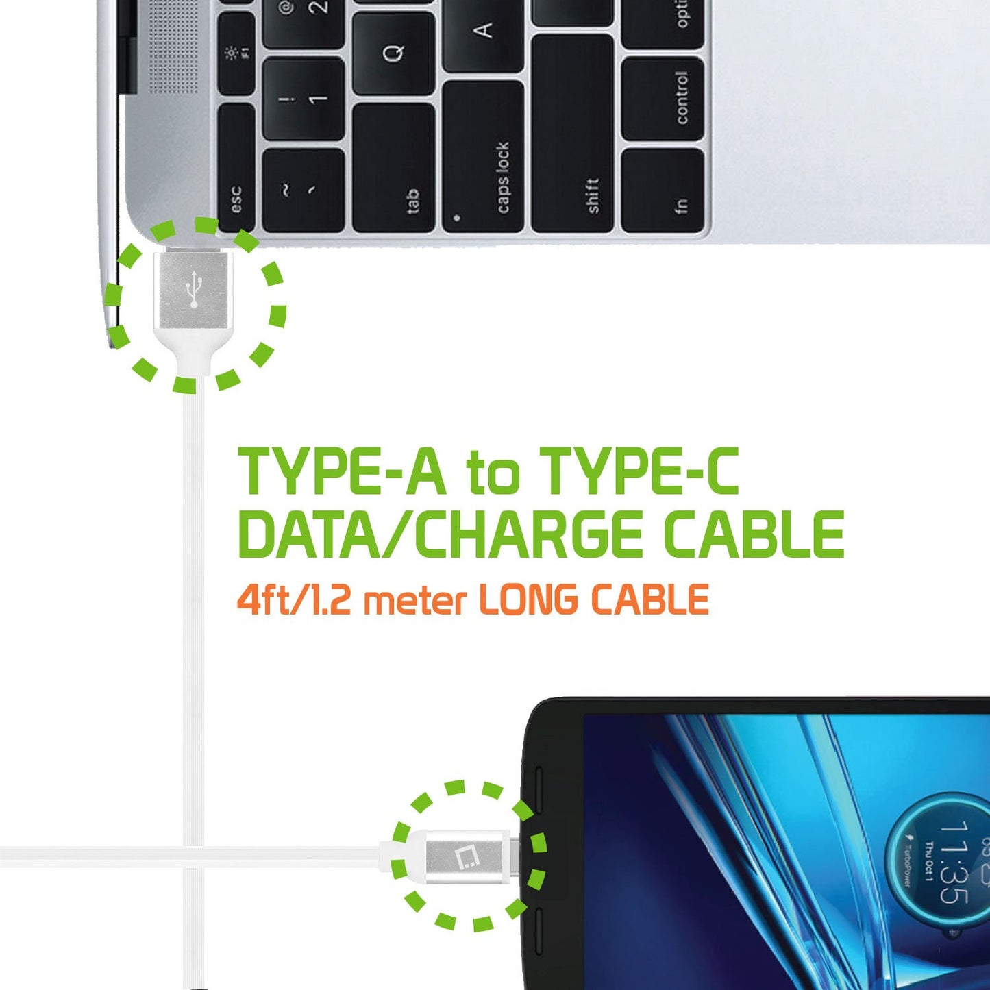 DCA4WT - Flexible / Soft / Tangle-Free Type A to type C Data cable - by Cellet White