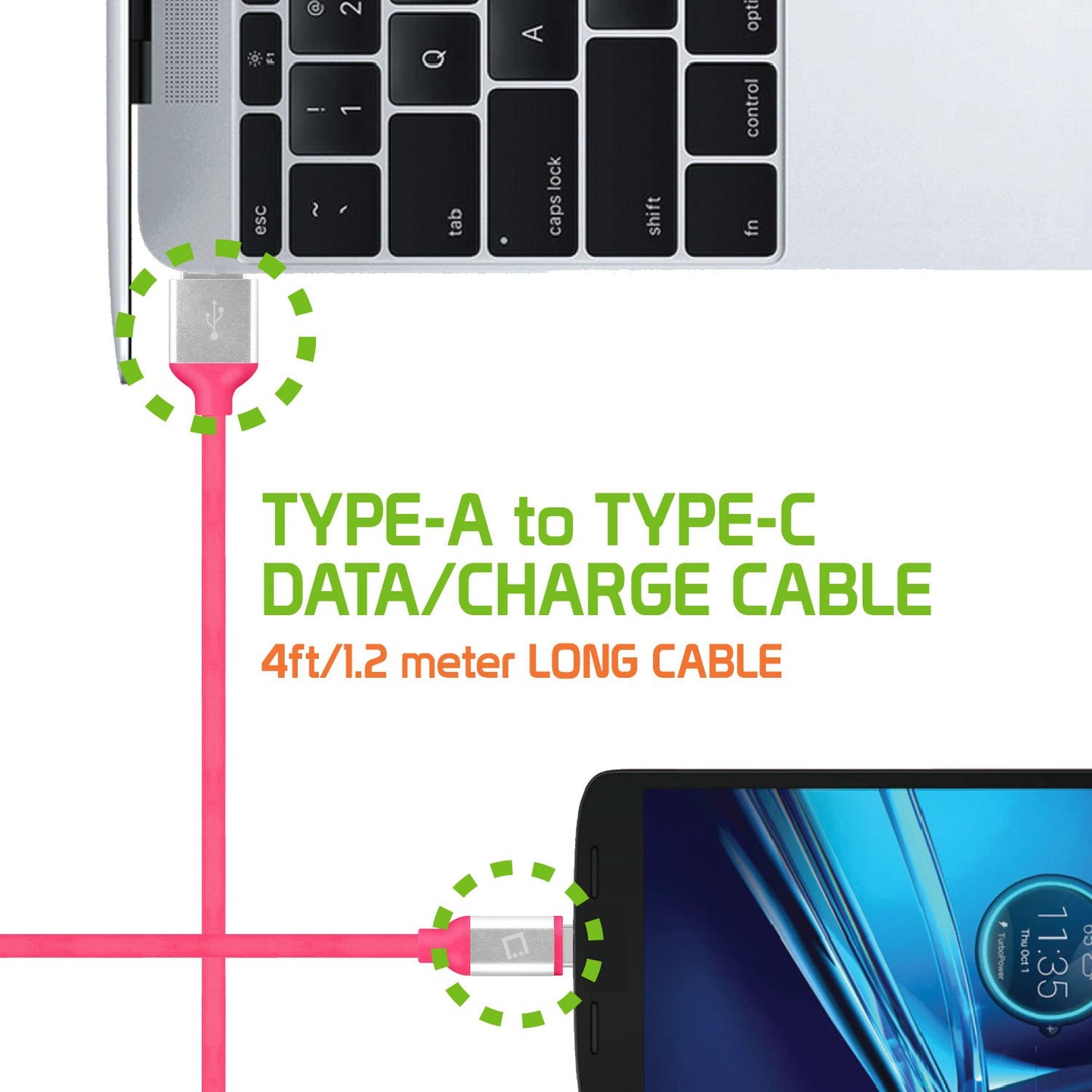DCA4PK - Cellet Flexible / Soft / Tangle-Free USB-C to USB-A Data cable - Pink