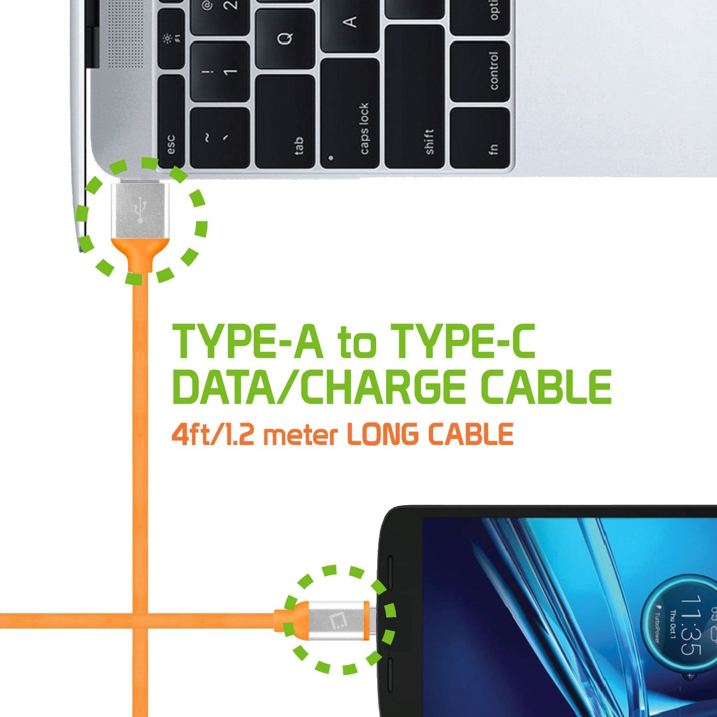 DCA4OR - Flexible / Soft / Tangle-Free Type A to type C Data cable - Orange - by Cellet