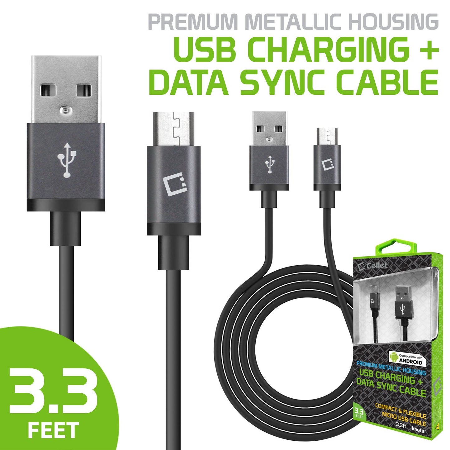 DAMICRO33BK - Micro USB Cable, Cellet 3.3ft USB-A 2.0 to Micro USB Charging + Data Sync Cable for Samsung, HTC, Android, Nokia and More