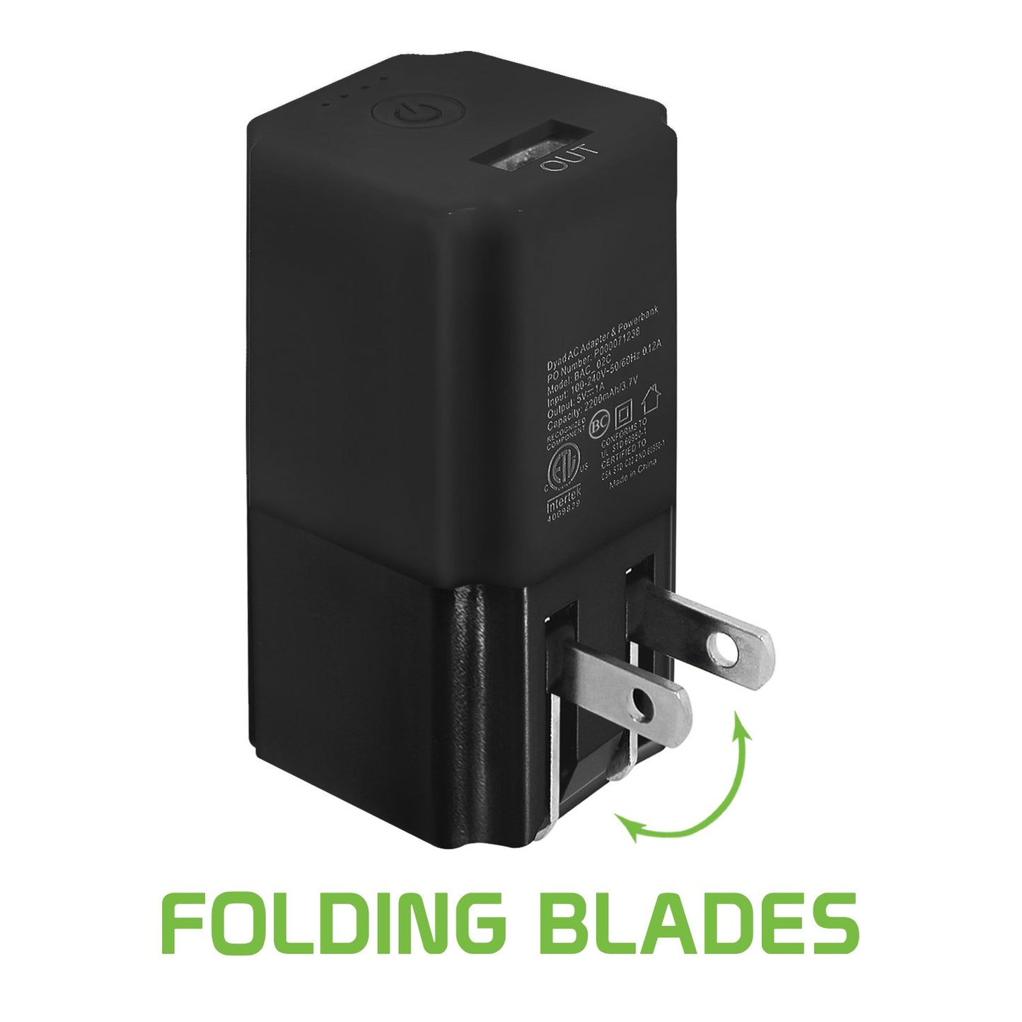 BA2600BK - Combo Wall/Home Folding Blades Charger & Power Bank (2600 mAh)- Portable Charger -Black