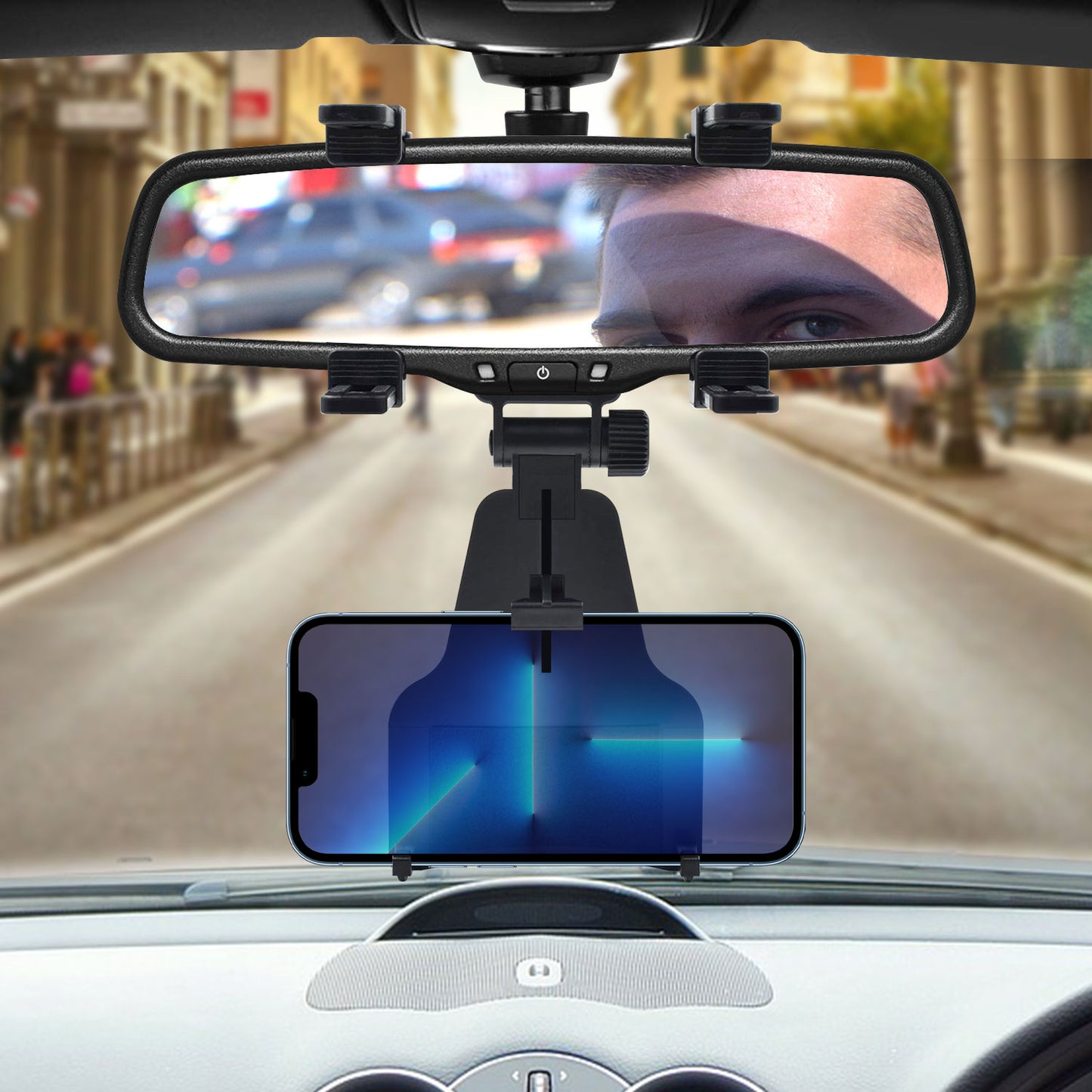 Universal Car Rear-view Mirror Mount with 360 Degree Rotating Cradle and Adjustable Brackets Compatible to Apple iPhone 13 Pro Max and more