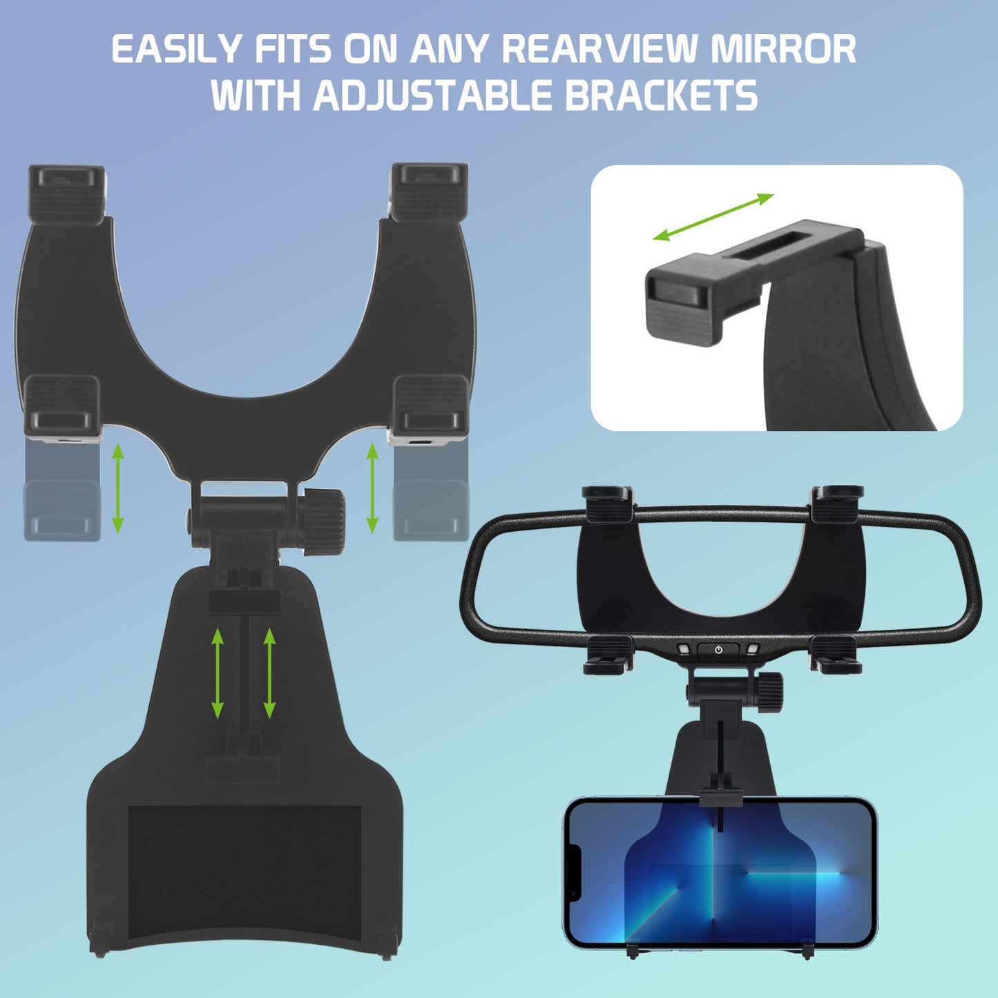 Universal Car Rear-view Mirror Mount with 360 Degree Rotating Cradle and Adjustable Brackets Compatible to Apple iPhone 13 Pro Max and more
