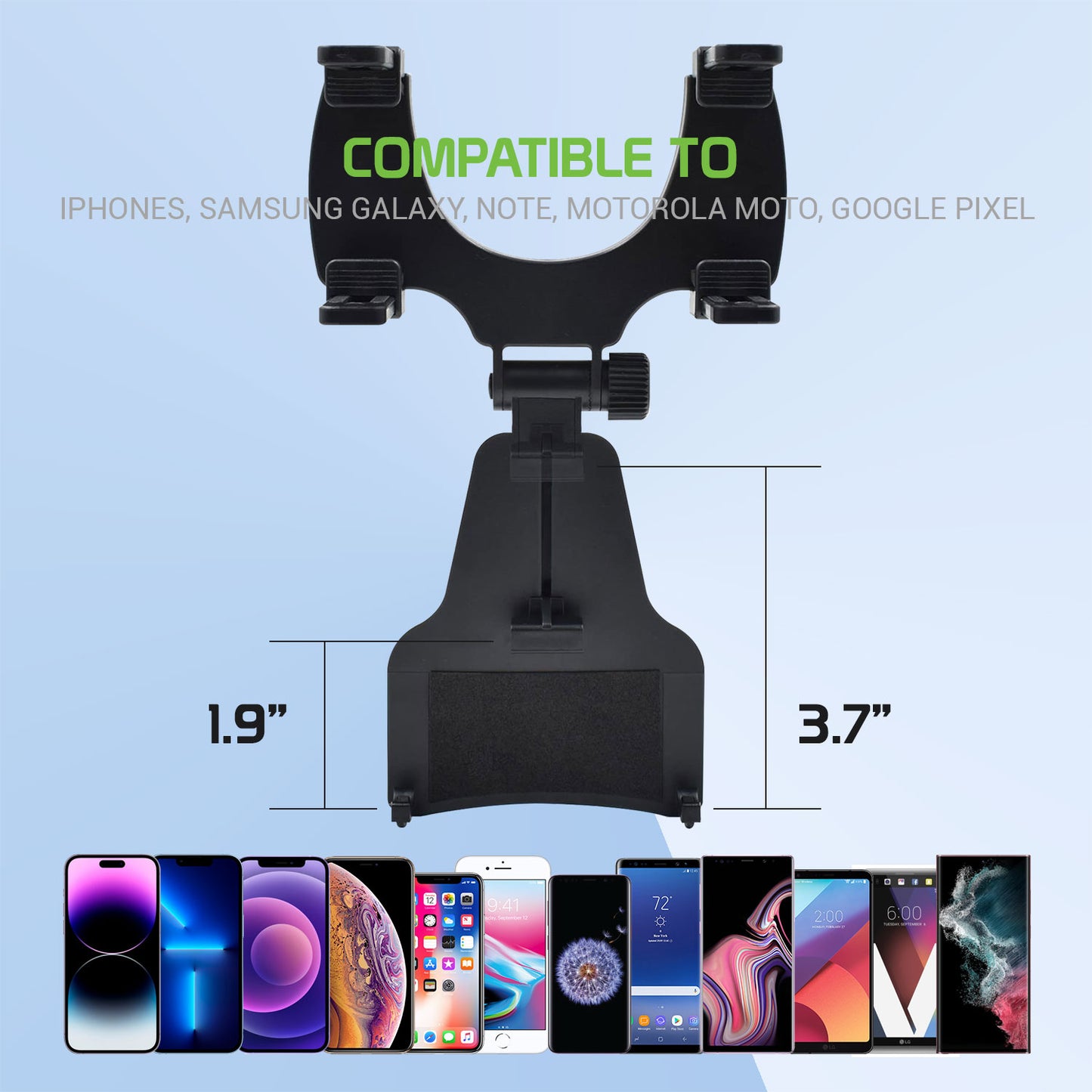 Universal Car Rear-view Mirror Mount with 360 Degree Rotating Cradle and Adjustable Brackets Compatible to Apple iPhone 13 Pro Max and more