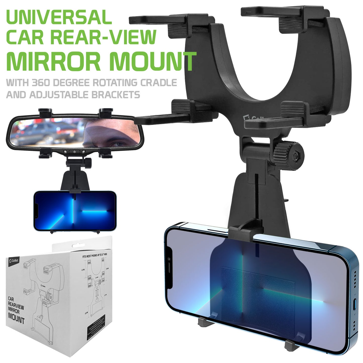 Universal Car Rear-view Mirror Mount with 360 Degree Rotating Cradle and Adjustable Brackets Compatible to Apple iPhone 13 Pro Max and more