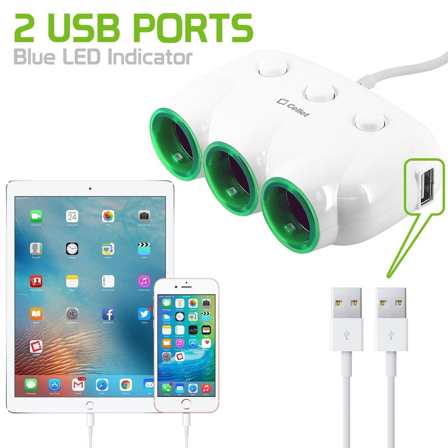 PBACK3WT - Cellet Dual USB Port & 3 Cigarette Port Car Charger for Android & Apple devices - White