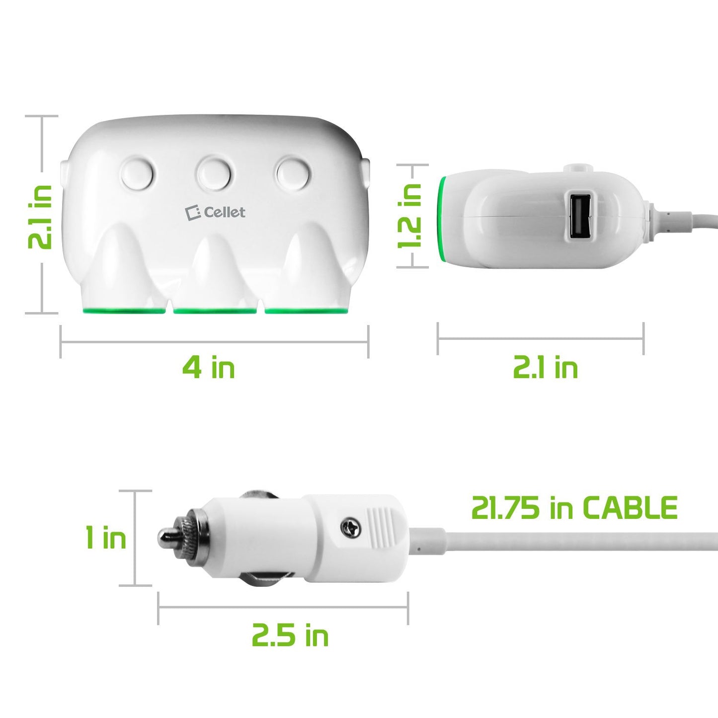 PBACK3WT - Cellet Dual USB Port & 3 Cigarette Port Car Charger for Android & Apple devices - White