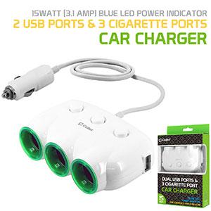 PBACK3WT - Cellet Dual USB Port & 3 Cigarette Port Car Charger for Android & Apple devices - White