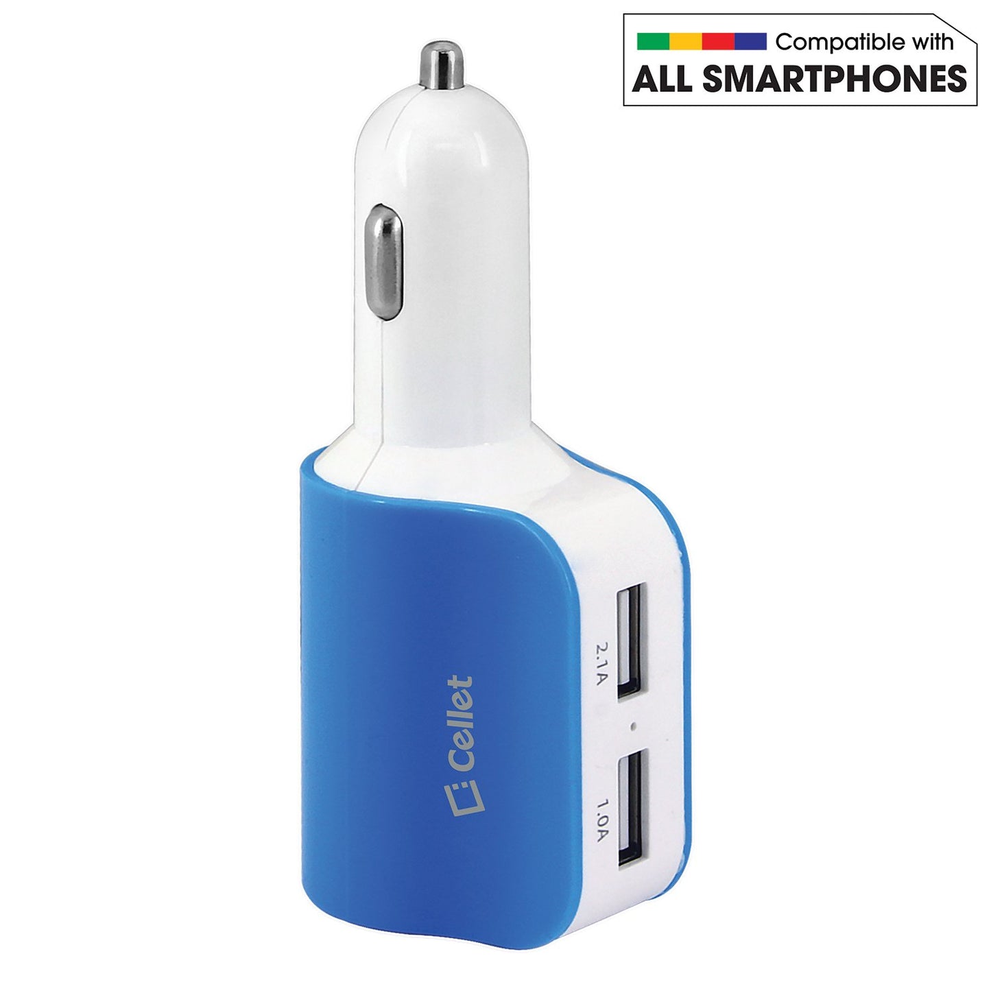 PUSBDC2BL - Cellet Universal High Power Dual USB Port & Cigarette port 15W / 3.1Amps Dual USB Car Charger - Blue/White