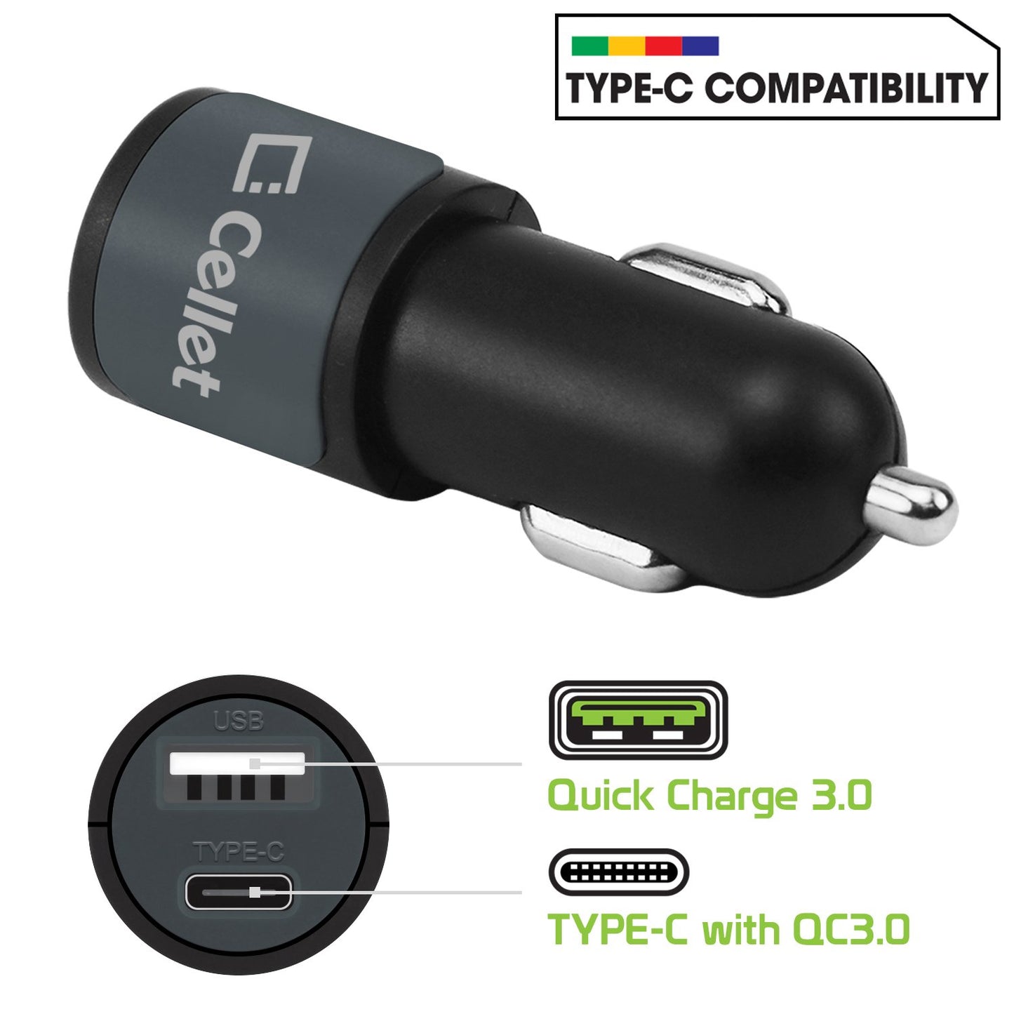 PUSBC21- Cellet Universal High Power 10W / 2.1A Dual USB A & USB C Port Car Charger