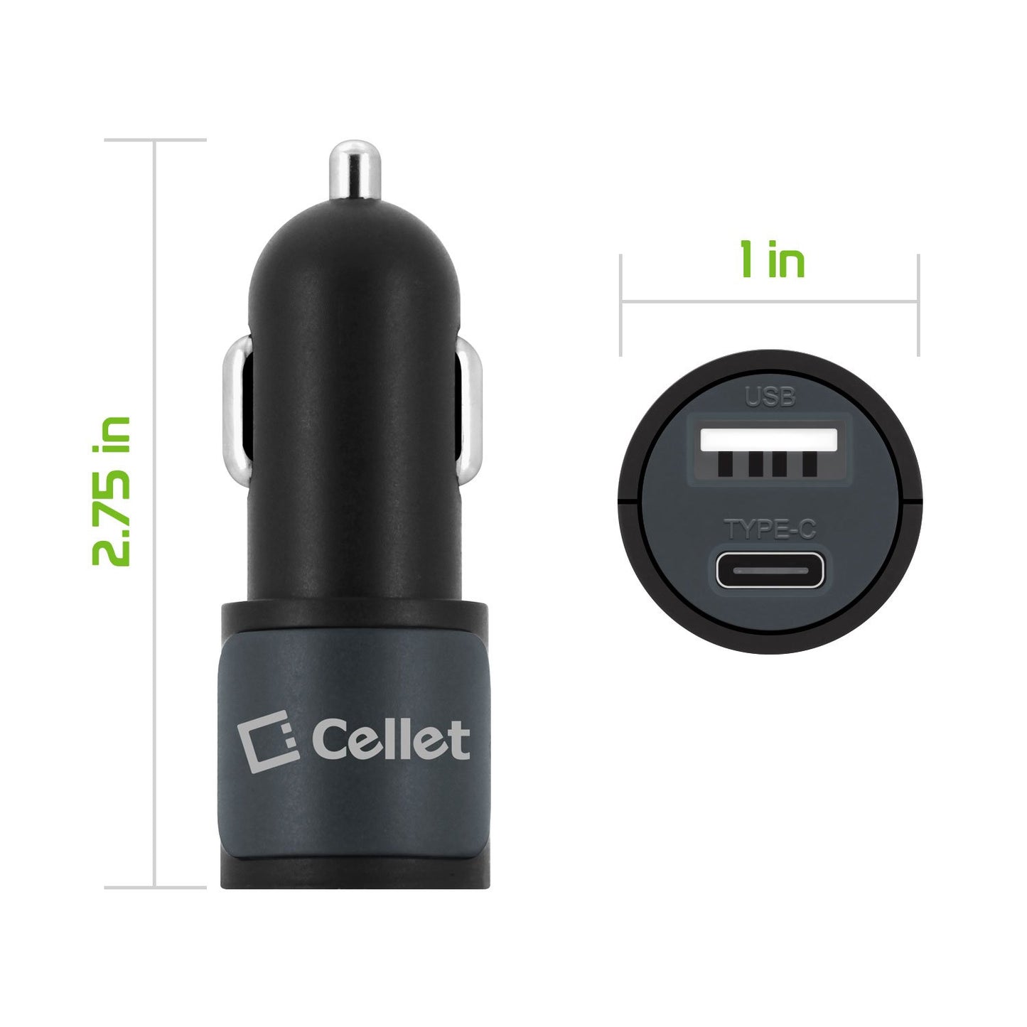 PUSBC21- Cellet Universal High Power 10W / 2.1A Dual USB A & USB C Port Car Charger