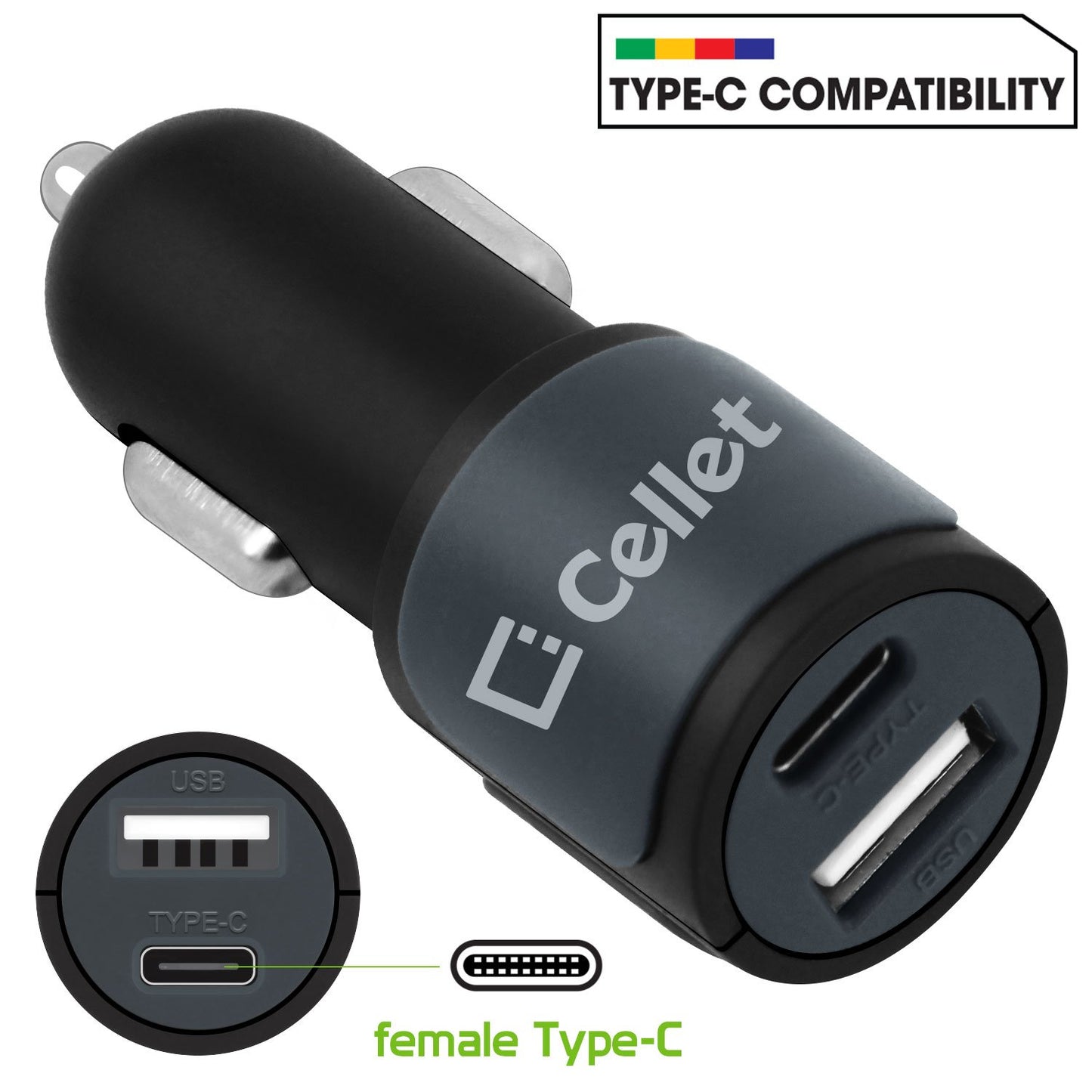 PUSBC21- Cellet Universal High Power 10W / 2.1A Dual USB A & USB C Port Car Charger