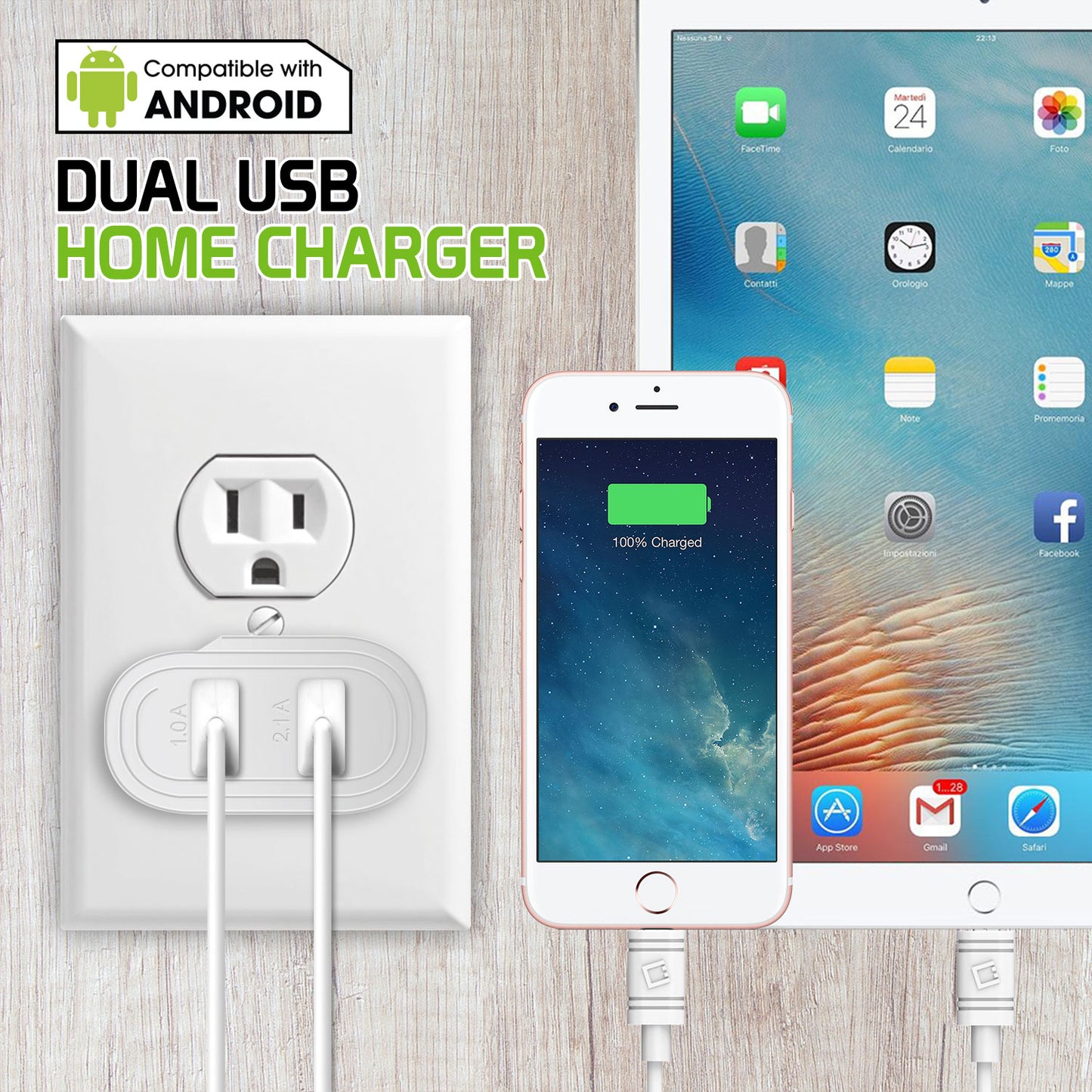 TANN230BK - Cellet Dual USB Home Charger, 2.1 Amp / 10 Watt Wall Charger for Apple iPhone X, iPad Mini, Galaxy Note 8 - Cable Sold Separately