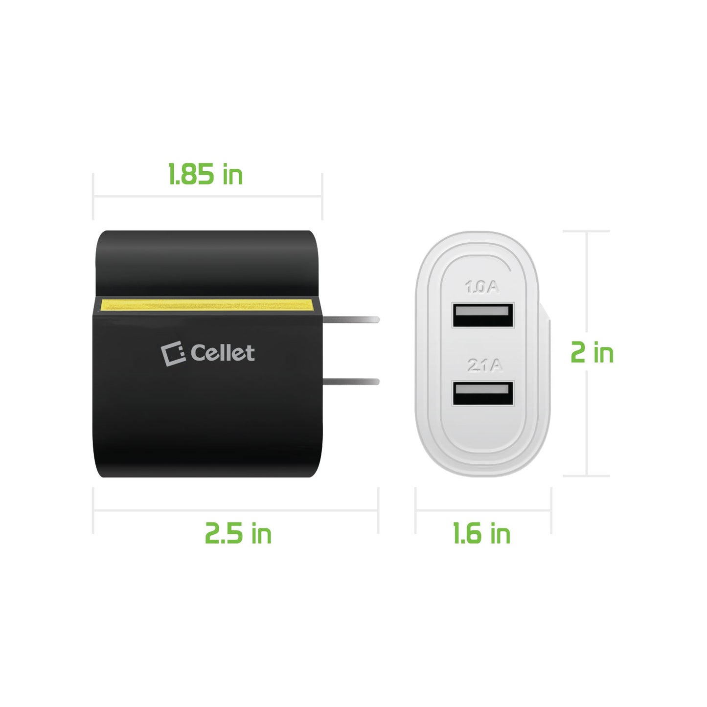 TANN230BK - Cellet Dual USB Home Charger, 2.1 Amp / 10 Watt Wall Charger for Apple iPhone X, iPad Mini, Galaxy Note 8 - Cable Sold Separately