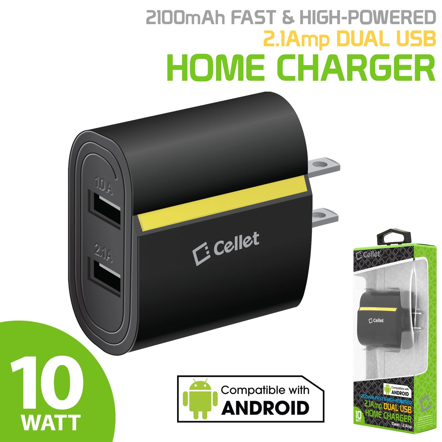 TANN230BK - Cellet Dual USB Home Charger, 2.1 Amp / 10 Watt Wall Charger for Apple iPhone X, iPad Mini, Galaxy Note 8 - Cable Sold Separately