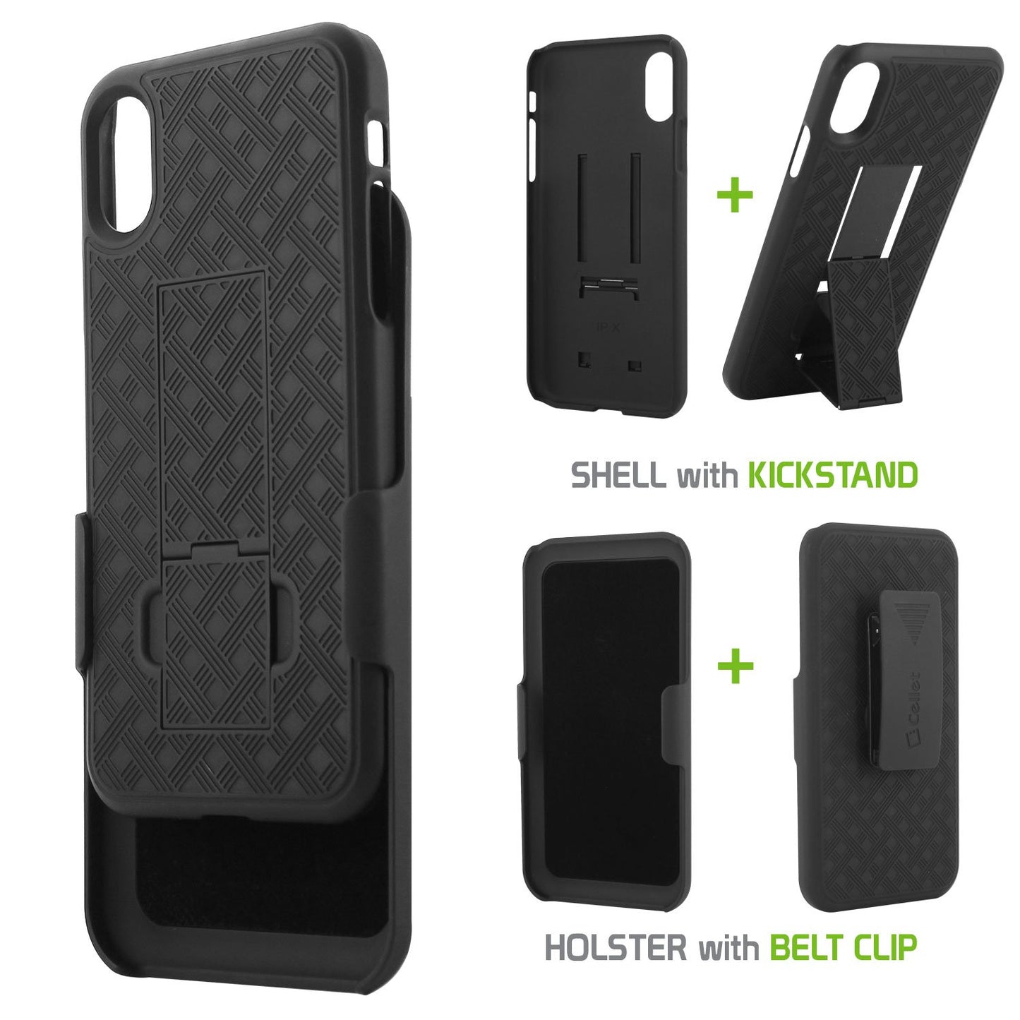 HLIPHX- Shell Holster Kickstand Case with Spring Belt Clip for Apple iPhone X – Black – by Cellet