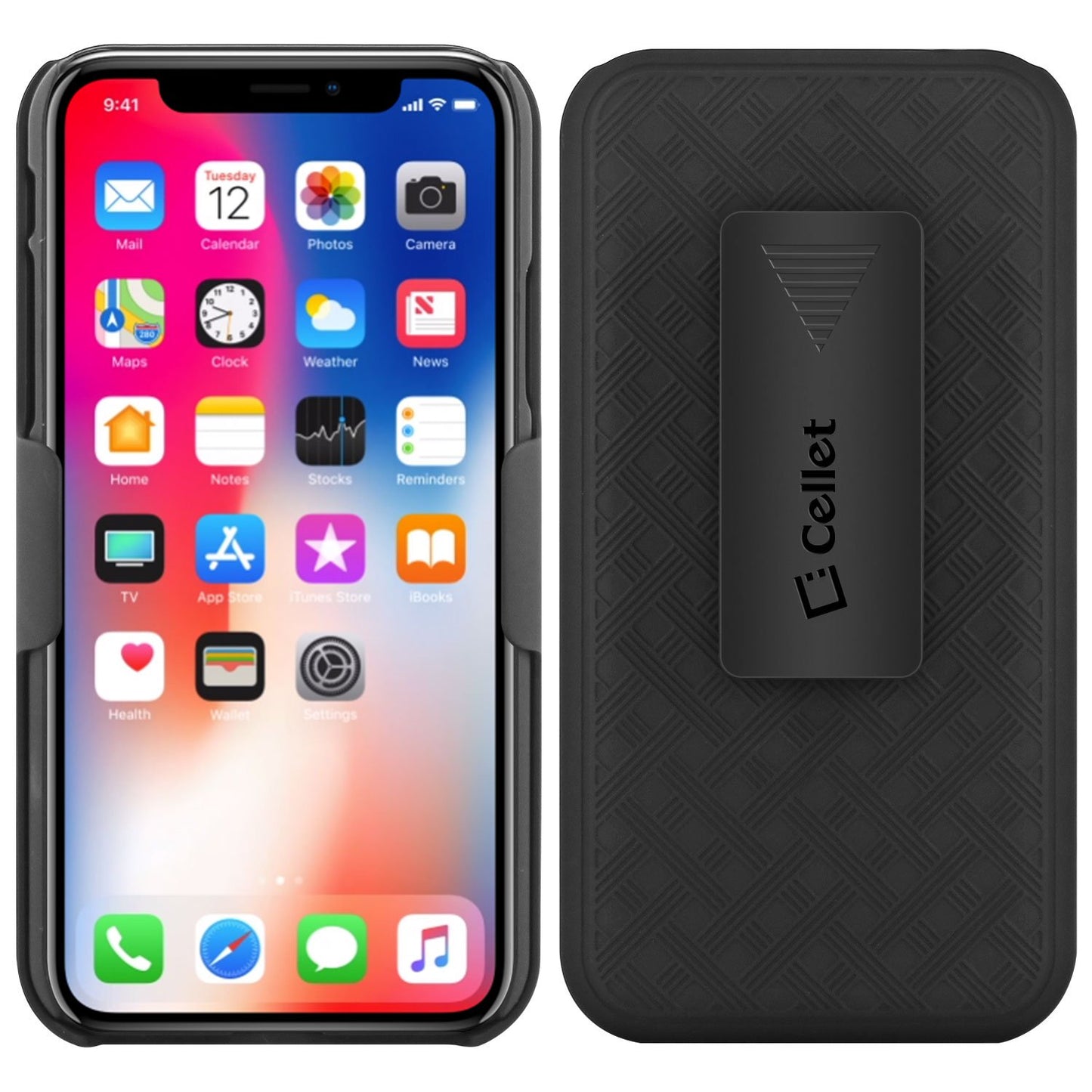 HLIPHX- Shell Holster Kickstand Case with Spring Belt Clip for Apple iPhone X – Black – by Cellet