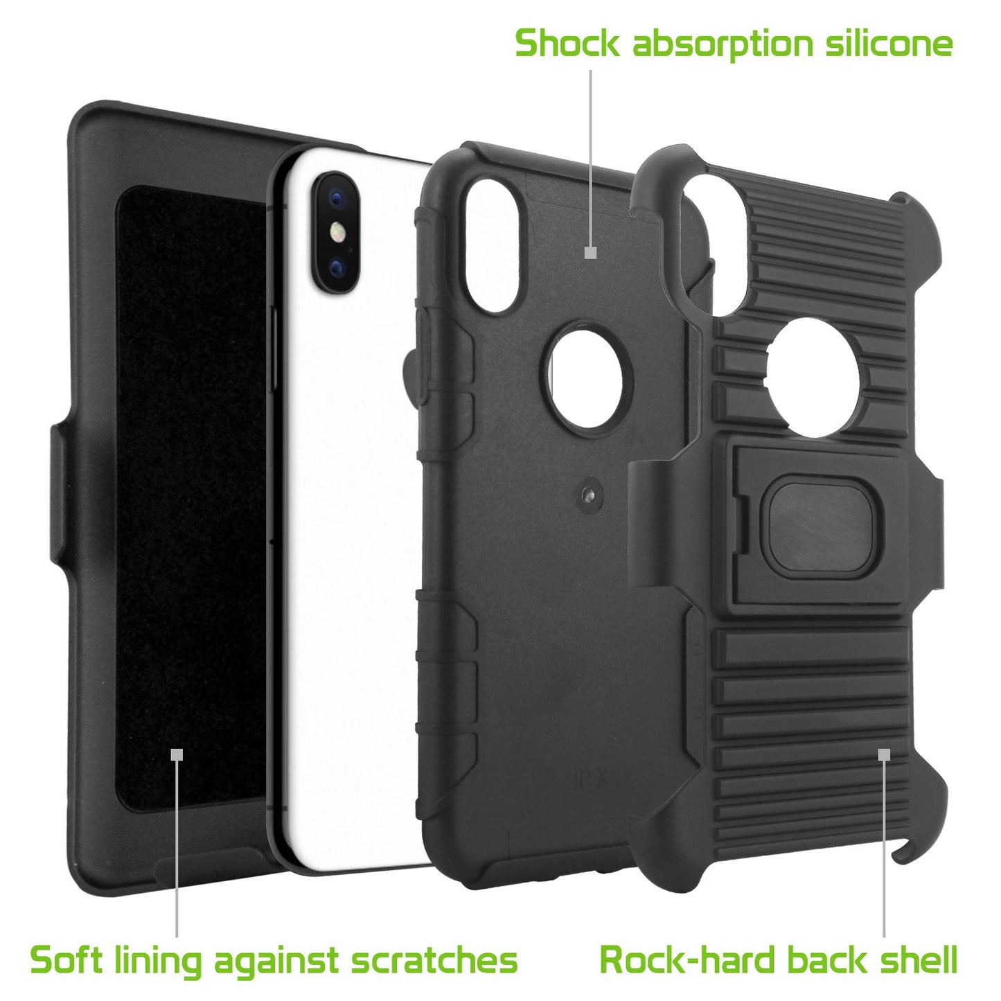 HLIPHXRING - Shell Holster Kickstand Case with Spring Belt Clip for Apple iPhone X – Black – by Cellet