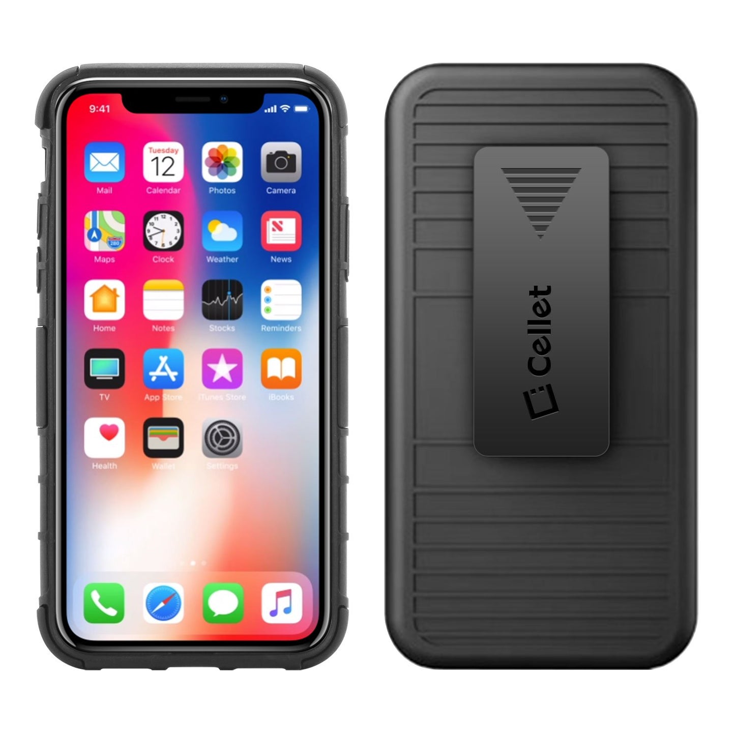 HLIPHXRING - Shell Holster Kickstand Case with Spring Belt Clip for Apple iPhone X – Black – by Cellet