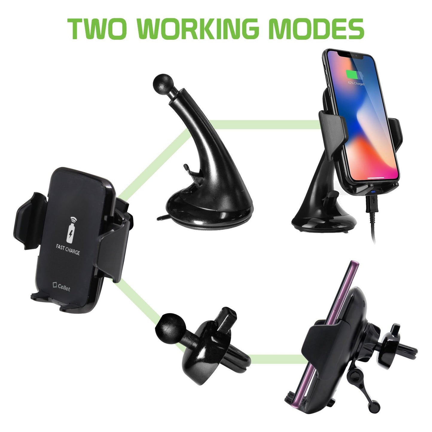 QI600 - 2-in-1 Wireless Charging Phone Mount, (10 Watt/2.1 Amp) Air Vent and Dashboard Phone Mount for Apple iPhone X, 8, 8 Plus, and More