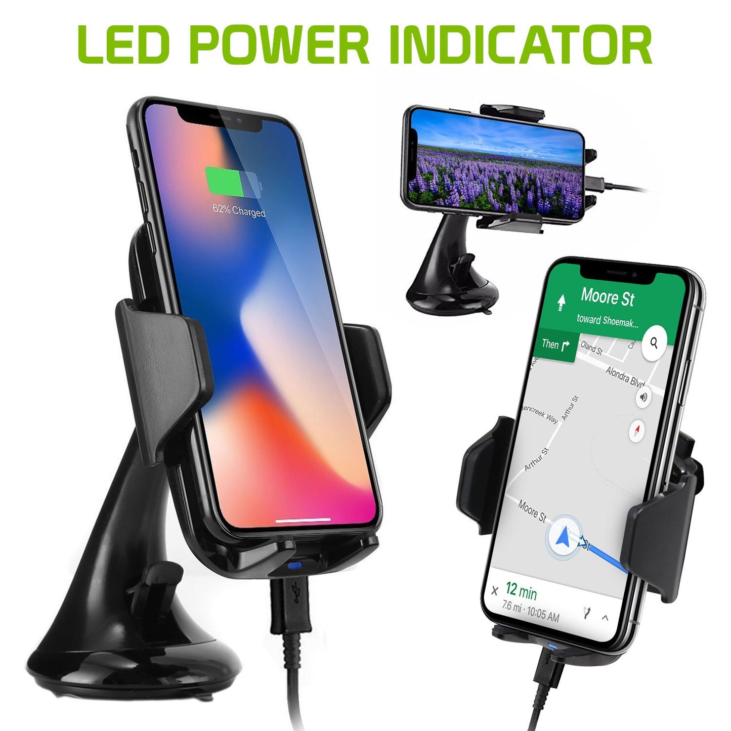 QI600 - 2-in-1 Wireless Charging Phone Mount, (10 Watt/2.1 Amp) Air Vent and Dashboard Phone Mount for Apple iPhone X, 8, 8 Plus, and More