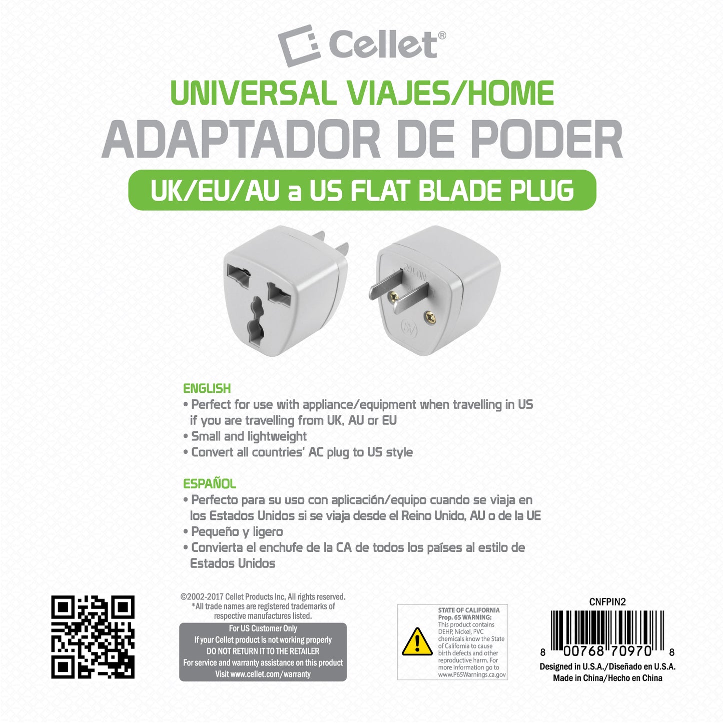 Cellet Universal Travel AC Wall Power Adapter to Convert China, UK, AU, EU & other Plugs to US Plug Socket (2-PACK)