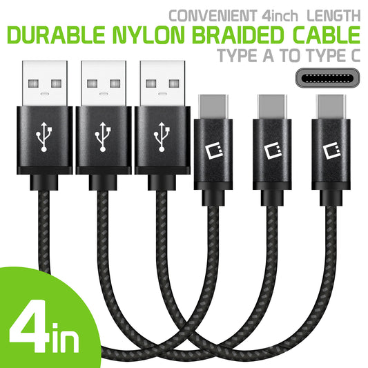 DCA4IN3 - 3 Pack Premium Type C Data Sync Cable, 4” Heavy Duty Nylon Braided Type C Charging/Data Sync Cable by Cellet