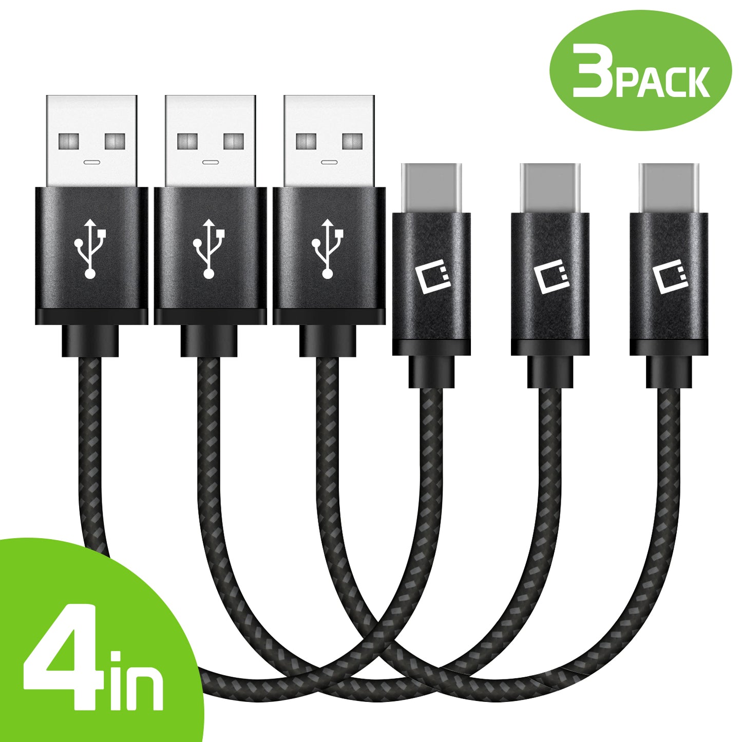 DCA4IN3 - 3 Pack Premium Type C Data Sync Cable, 4” Heavy Duty Nylon Braided Type C Charging/Data Sync Cable by Cellet