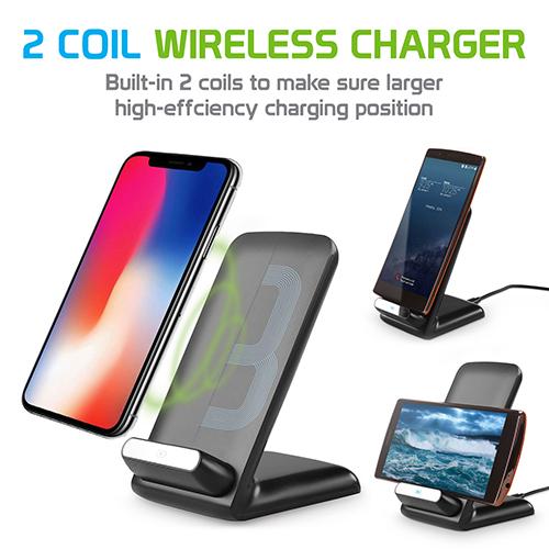 QI700 - 2 Coil Qi Wireless Charger (10Watt/2.1Amp), Wireless Charging Stand for All Wireless (Qi) Enabled Devices – by Cellet - Black