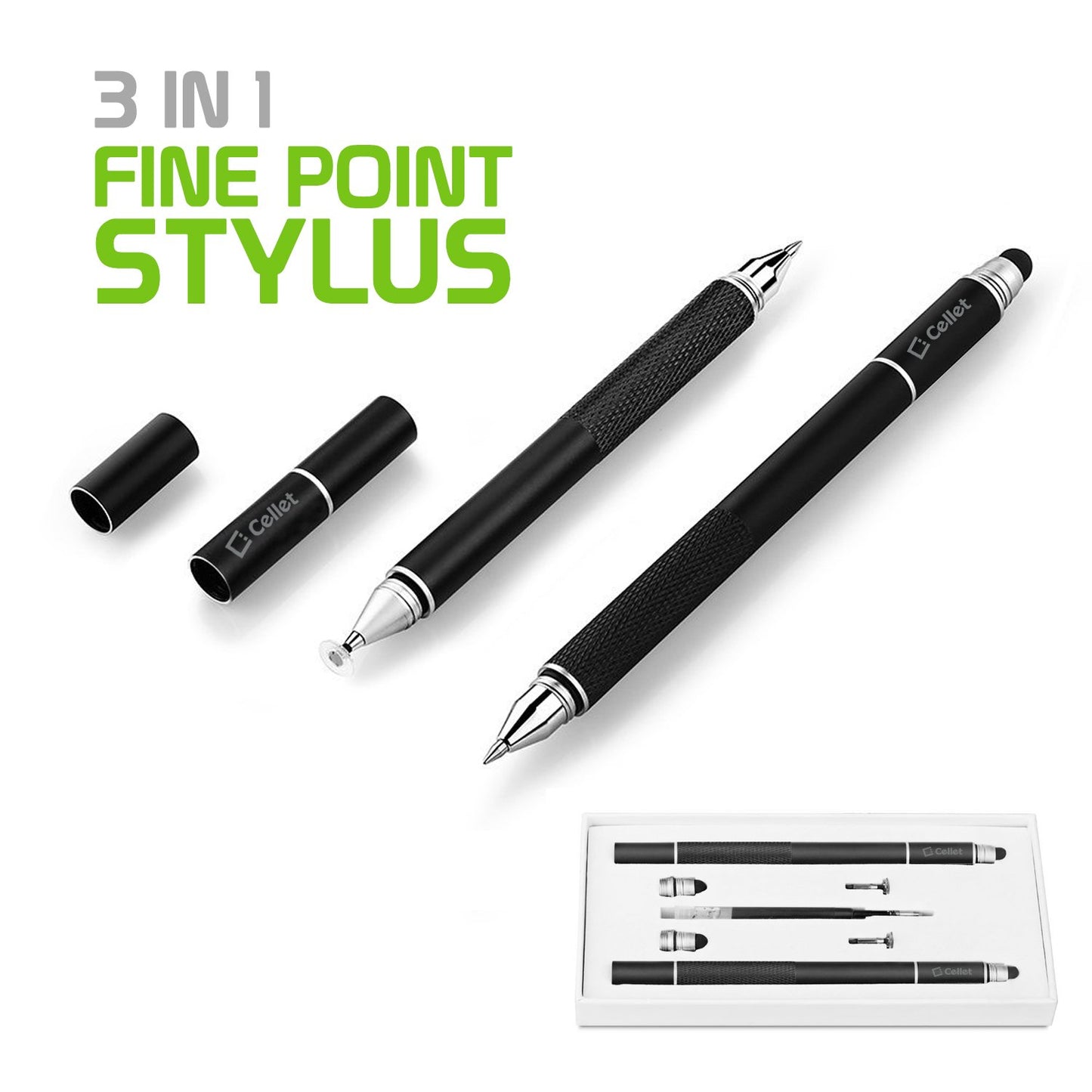 PENDISCBK - 3 in 1 Stylus Pen (Ballpoint Pen, Precision Clear Disc Pen, Capacitive Stylus Pen), 2 Stylus Pens with Replacement Tips - Black