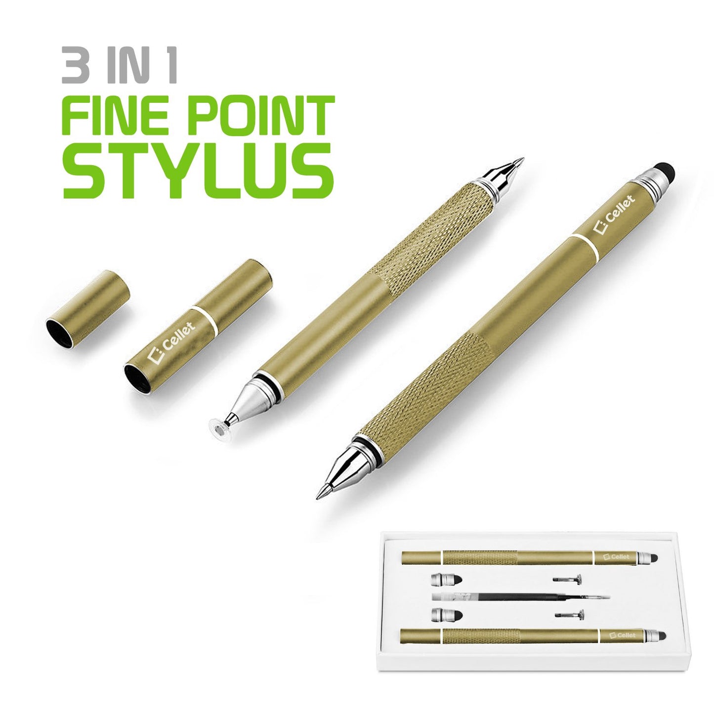 PENDISCGD - 3 in 1 Stylus Pen (Ballpoint Pen, Precision Clear Disc Pen, Capacitive Stylus Pen), 2 Stylus Pens with Replacement Tips - Gold