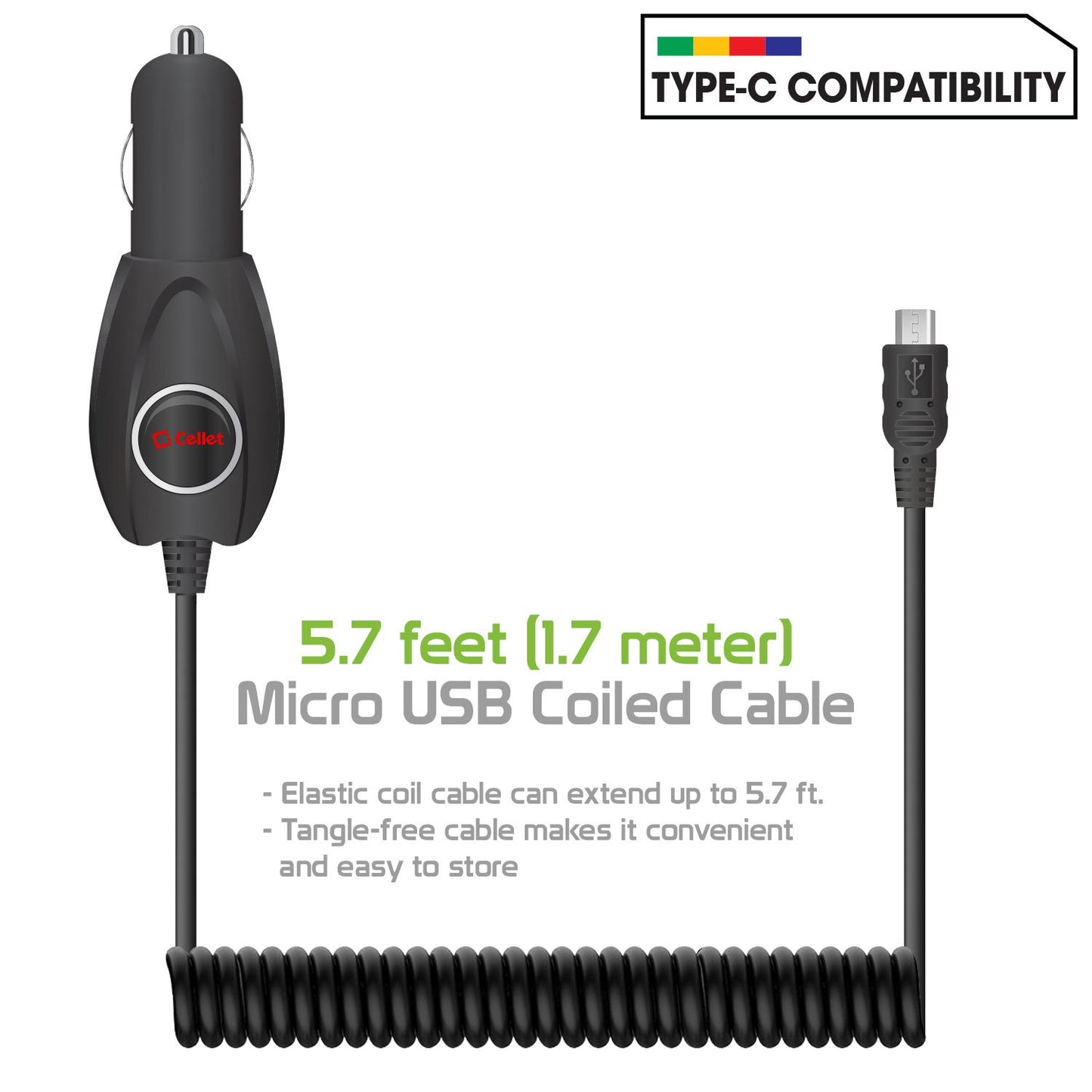 PMICRO1BK - High Powered 5 Watt (1 Amp) Micro USB Coiled Cable (5.7 ft.) Car Charger by Cellet - Black