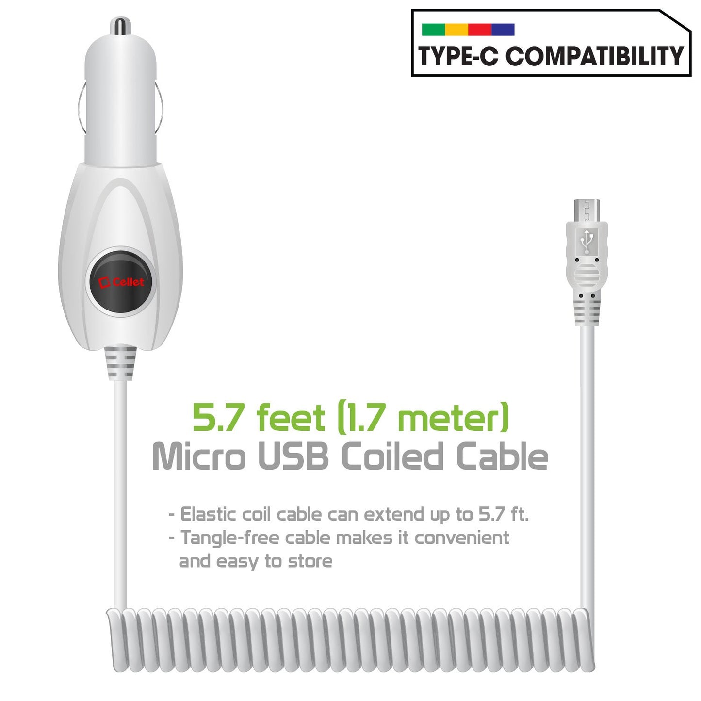 PMICRO1WT - High Powered 5 Watt (1 Amp) Micro USB Coiled Cable (5.7 ft.) Car Charger by Cellet - White