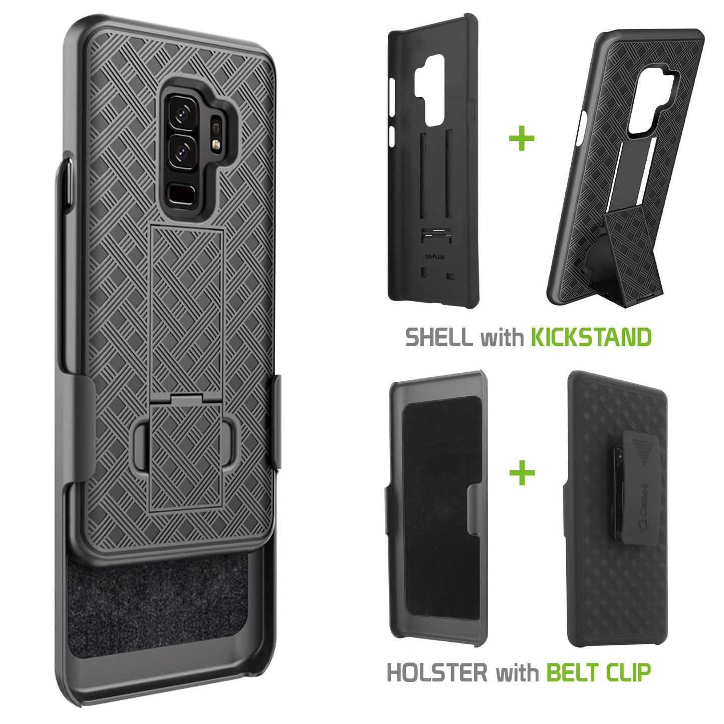 HLSAMS9P - Shell Holster Kickstand Case with Spring Belt Clip for Samsung Galaxy S9 Plus – Black – by Cellet