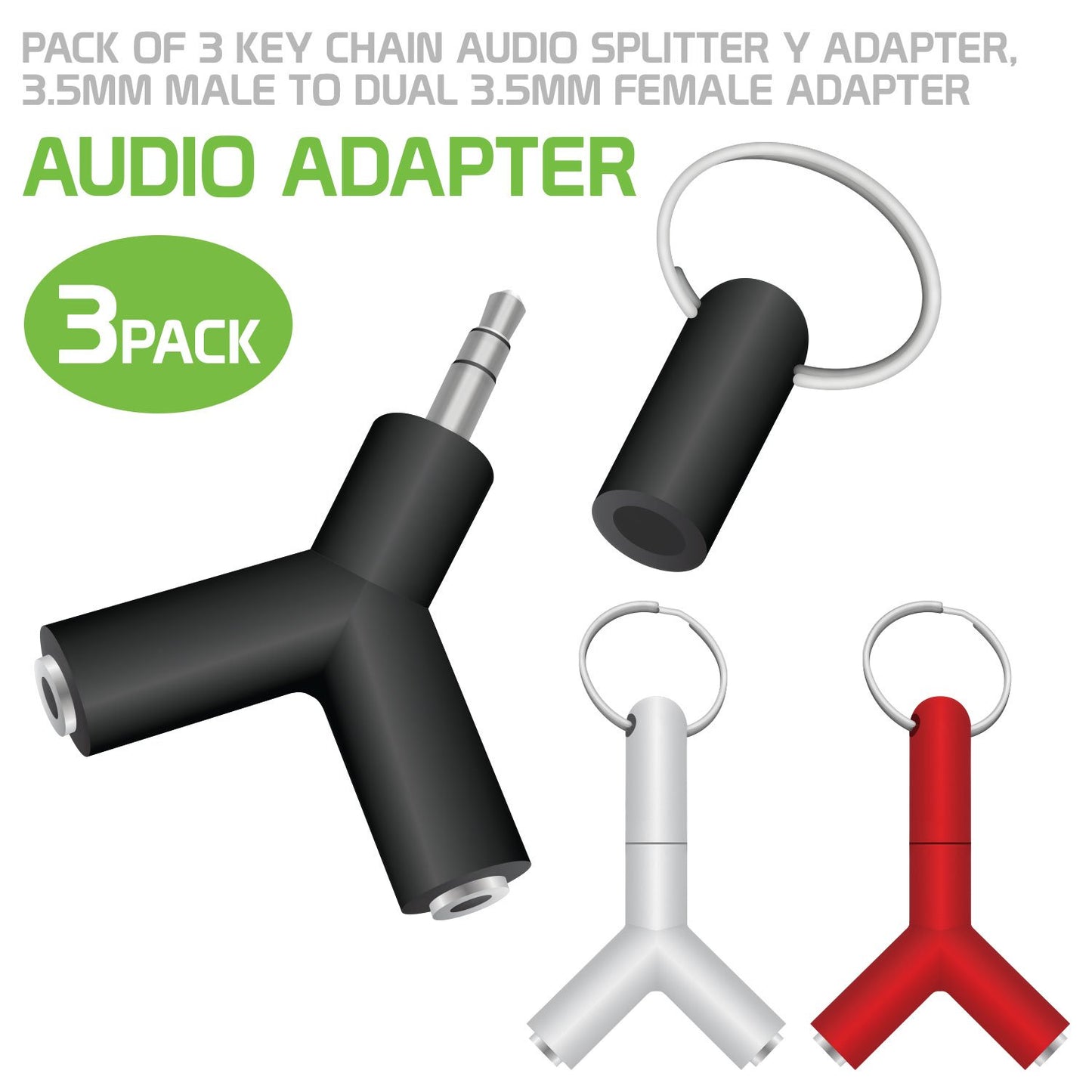 CNY23 - 3 Pack Key Chain Aux Audio Sound Splitter 3.5mm Male to Dual 3.5mm Female Adapter