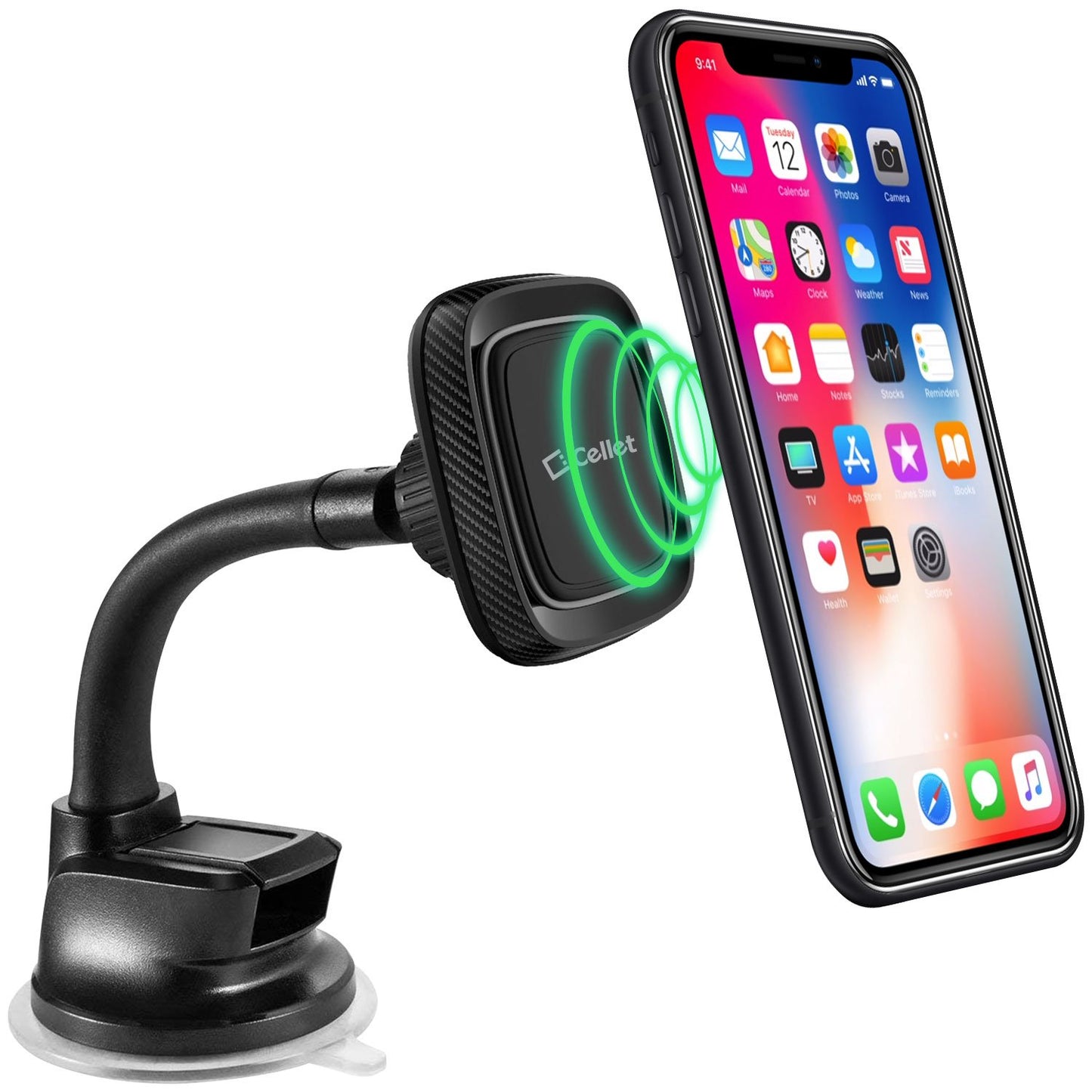 RHSUMAG100 - Extra Strength Magnetic Car Dashboard/Windshield Mount with Flexible Gooseneck and Reusable Sticky Suction Pad for Smartphones by Cellet