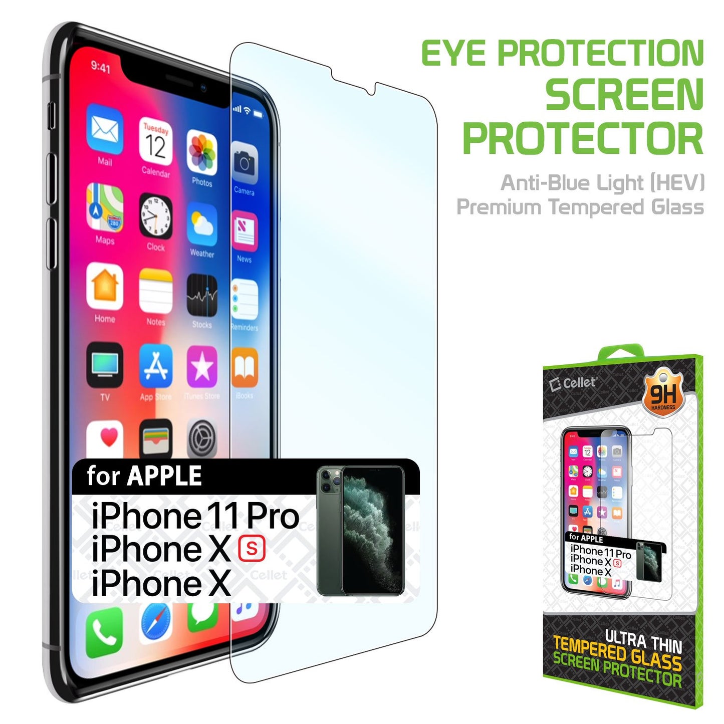 SGIPHXBL - iPhone 11 Pro / Xs / X, Anti-Blue Light (HEV) Premium Tempered Glass Screen Protector for Apple iPhone 11 Pro / Xs / X by Cellet