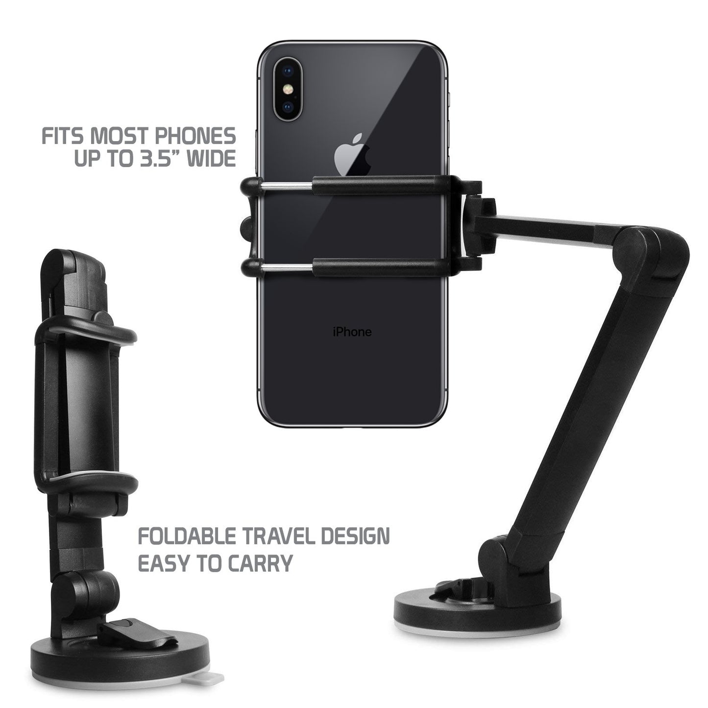 PH118EBK - Dashboard, Windshield and Desktop Phone Mount with 360 Degree Rotation and Adjustable Folding Arms for Smartphones