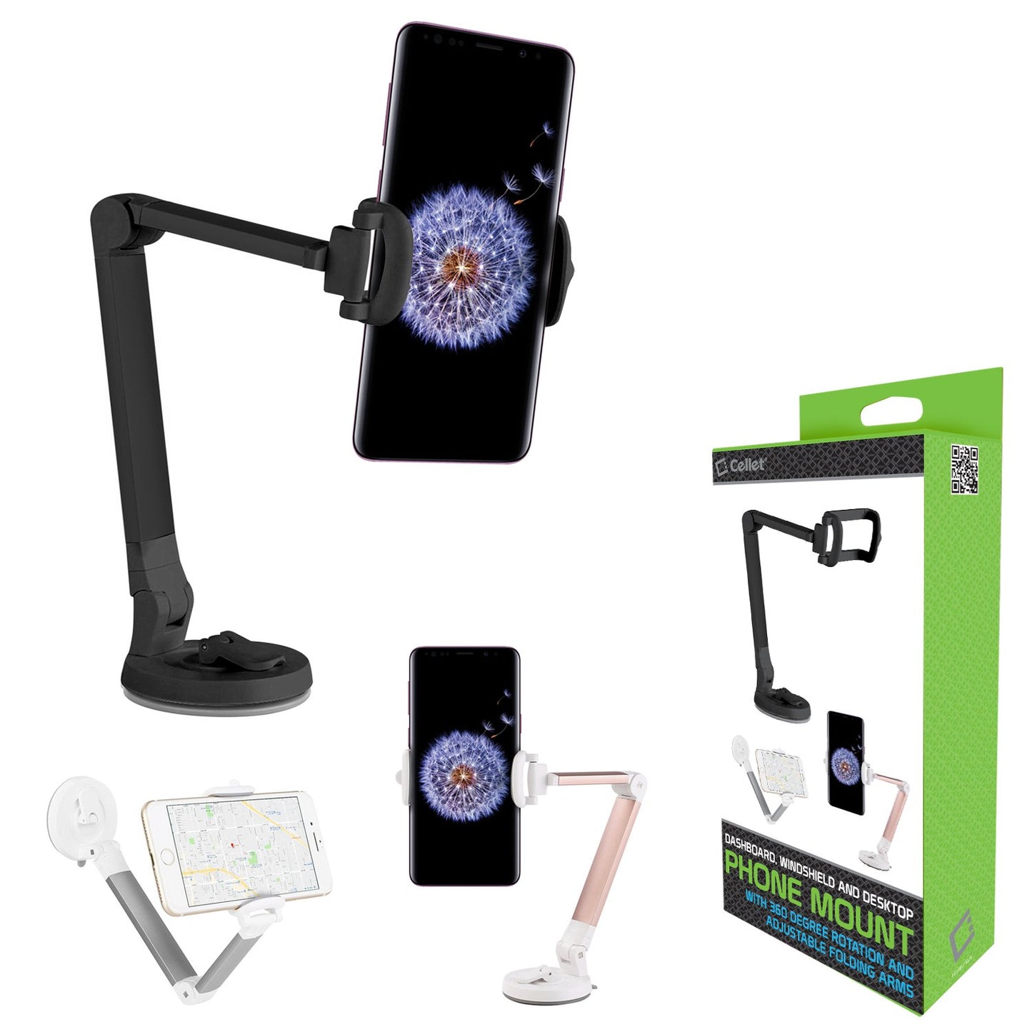 PH118EBK - Dashboard, Windshield and Desktop Phone Mount with 360 Degree Rotation and Adjustable Folding Arms for Smartphones