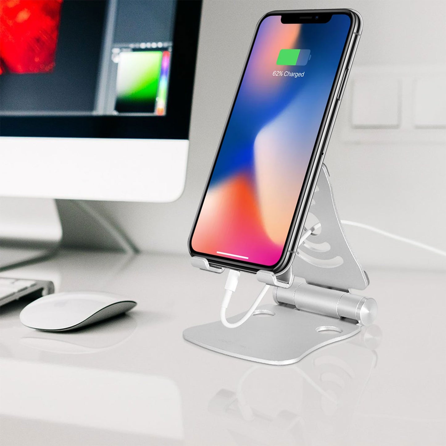Table Desktop Phone Stand Smartphone Holder, Portable Resilient Aluminum -Silver