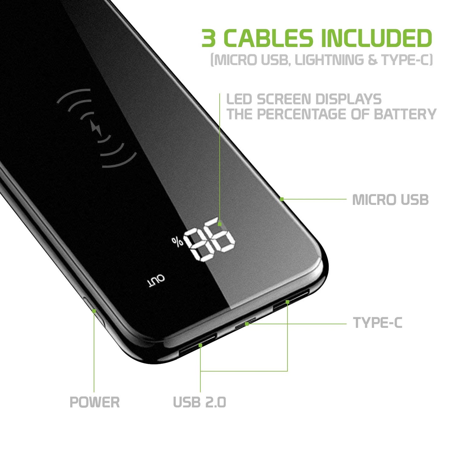 QI1000BK -Wireless Portable Charger 10000 mAh Power Bank, Built in USB/USB C/Micro USB Ports