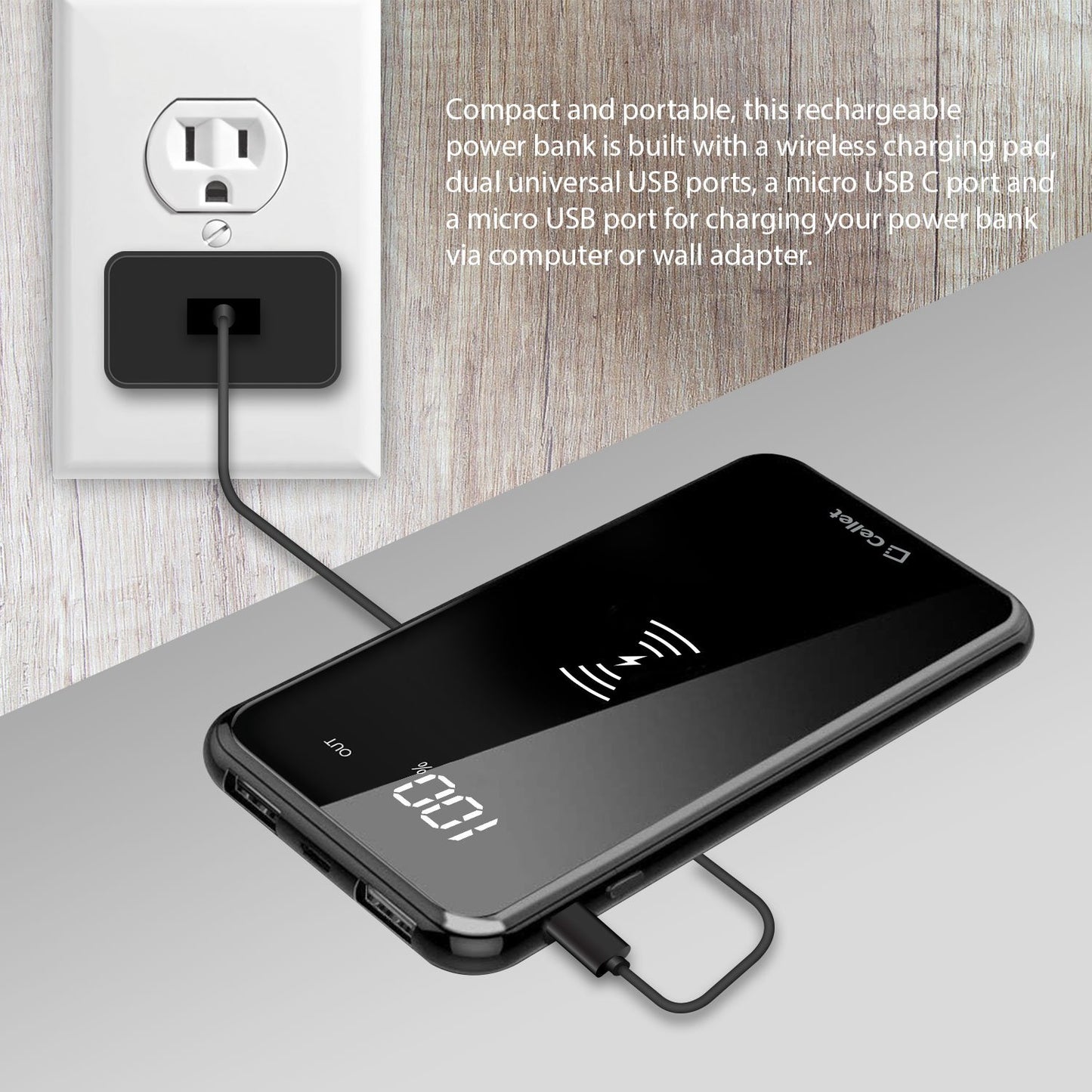 QI1000BK -Wireless Portable Charger 10000 mAh Power Bank, Built in USB/USB C/Micro USB Ports