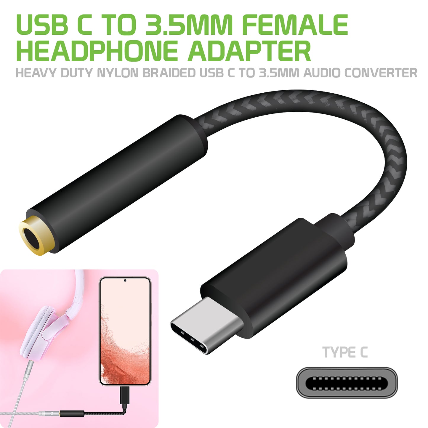 DCAFEMB -USB C to 3.5mm Female Headphone Adapter, Heavy Duty Nylon Braided Audio Converter